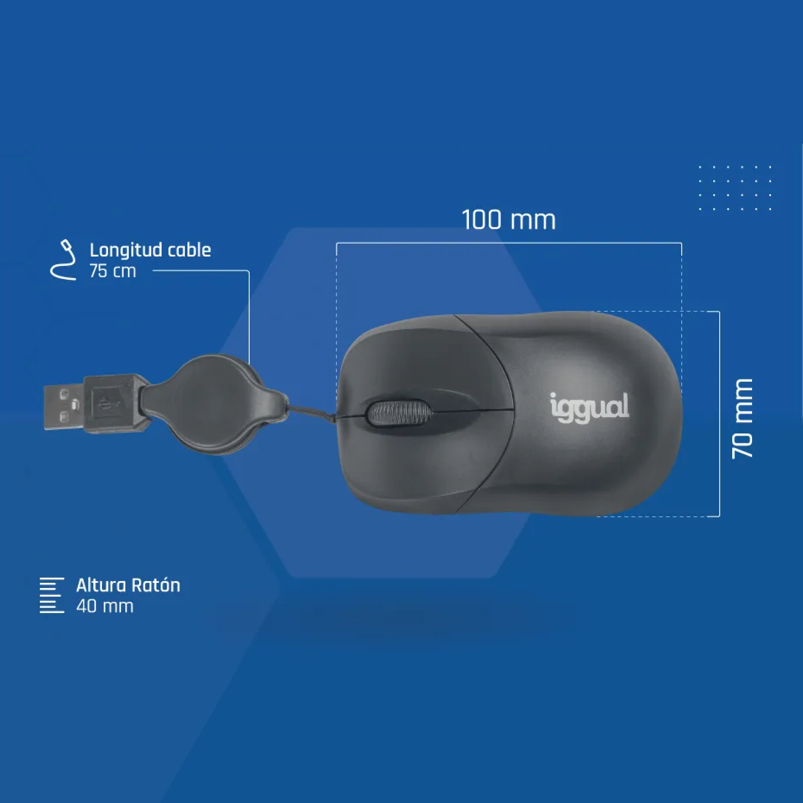 Un ratón negro con cable retráctil. El ratón tiene dimensiones en la imagen.