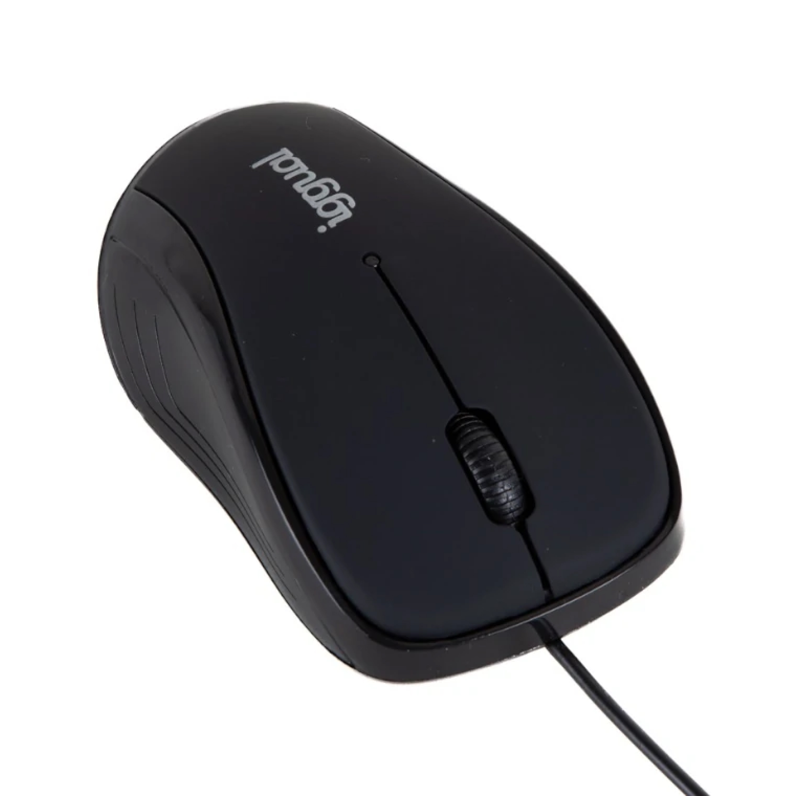 Mouse per computer nero. Vista dall'alto. Il logo Iggual è visibile. Un cavo nero si estende. Sfondo bianco.