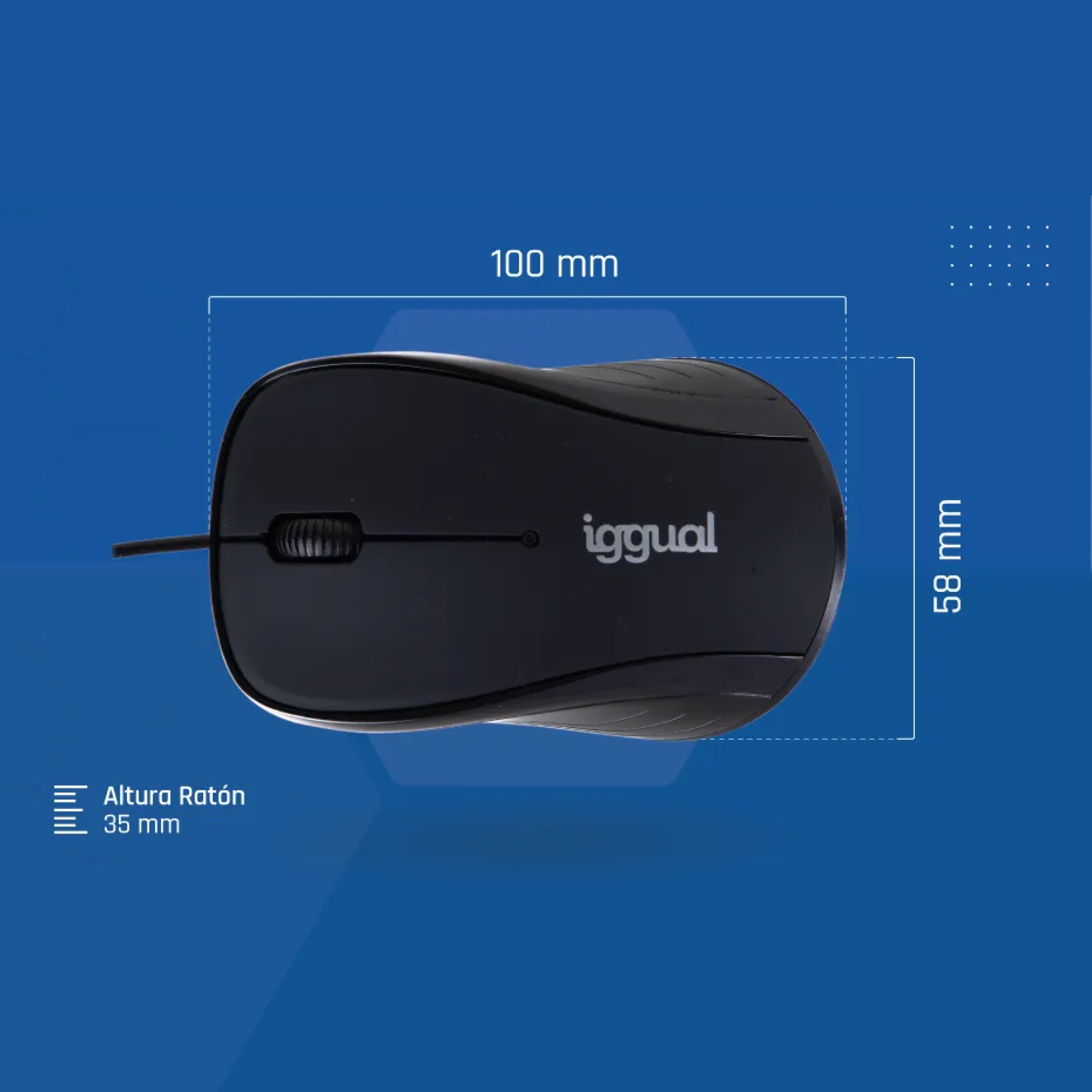 Un mouse nero. Il mouse ha dimensioni indicate nell'immagine. Ha il nome del marchio.