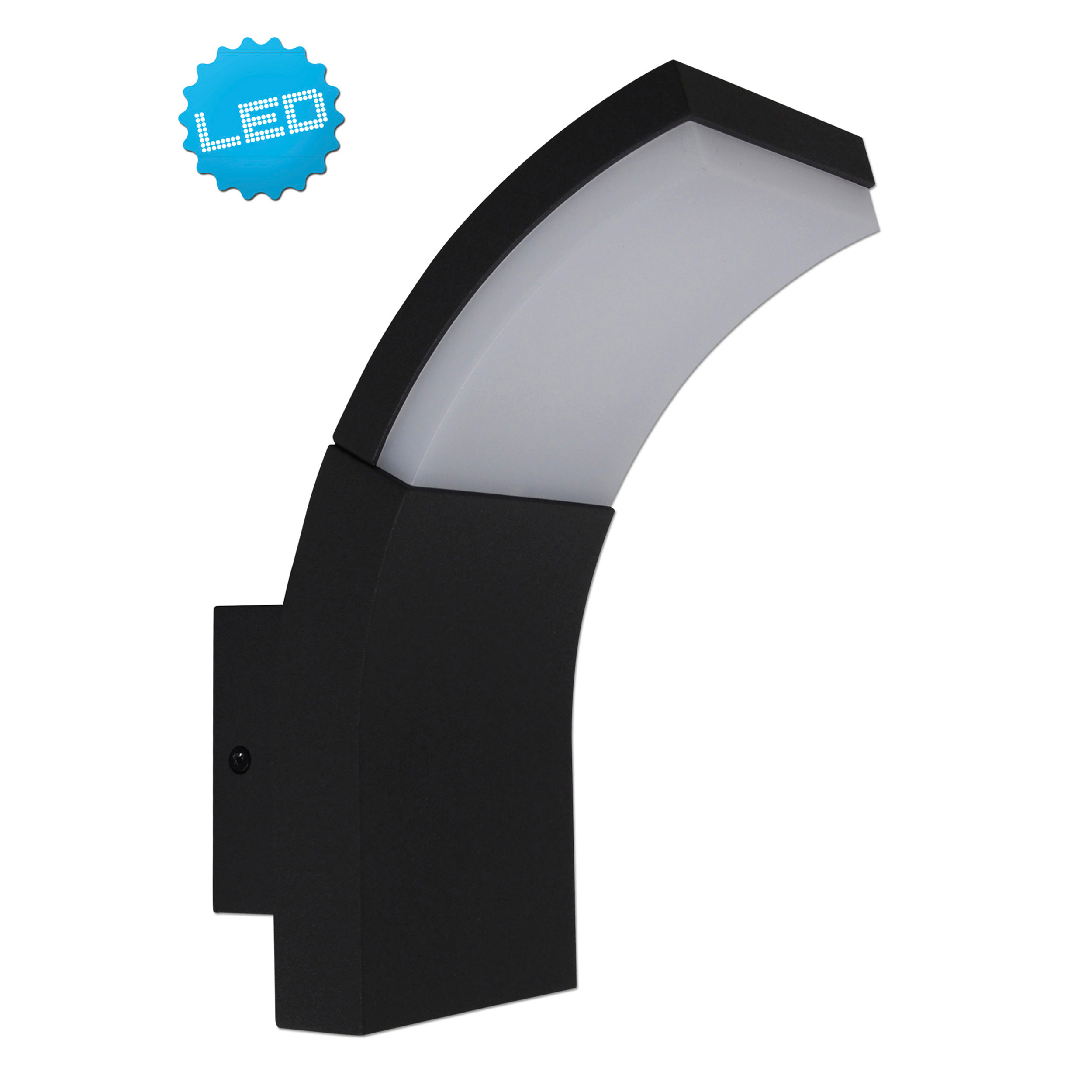 Eine schwarze Wandlampe mit gebogenem Arm und weißer Lichtquelle. Ein LED-Logo ist in der Ecke.