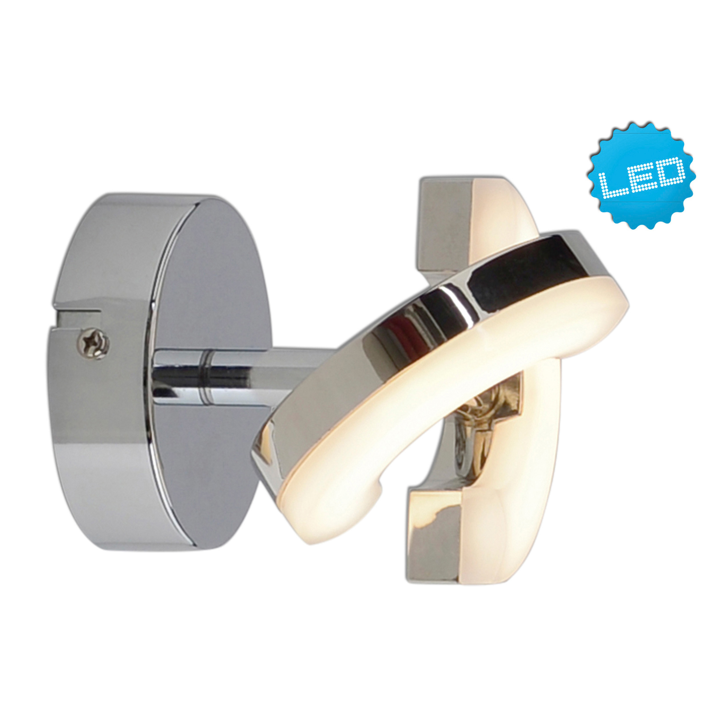 Eine verchromte, an der Wand montierte LED-Leuchte mit rundem Sockel und drehbarem Element.