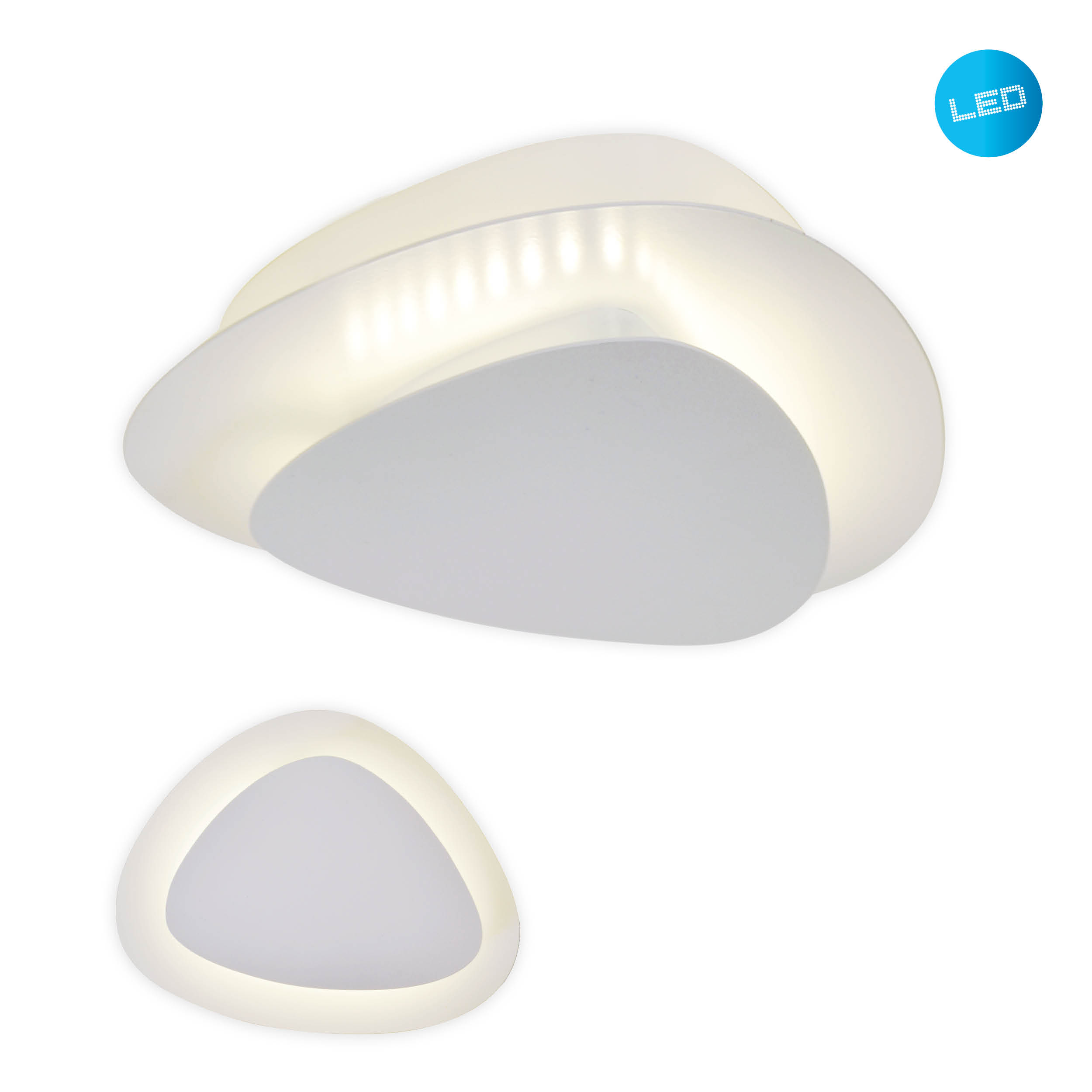 Zwei weiße und geschwungene Deckenleuchten mit LED-Markierung, eine am Boden und eine oben.
