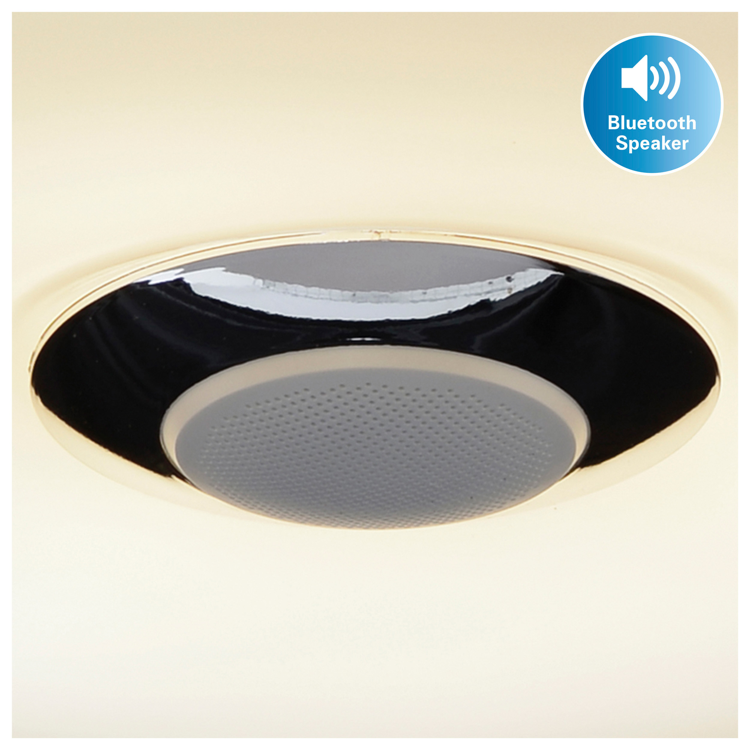 Ein Einbaustrahler mit schwarzem Zentrum, grauem Lautsprecher und den Worten "Bluetooth Speaker".