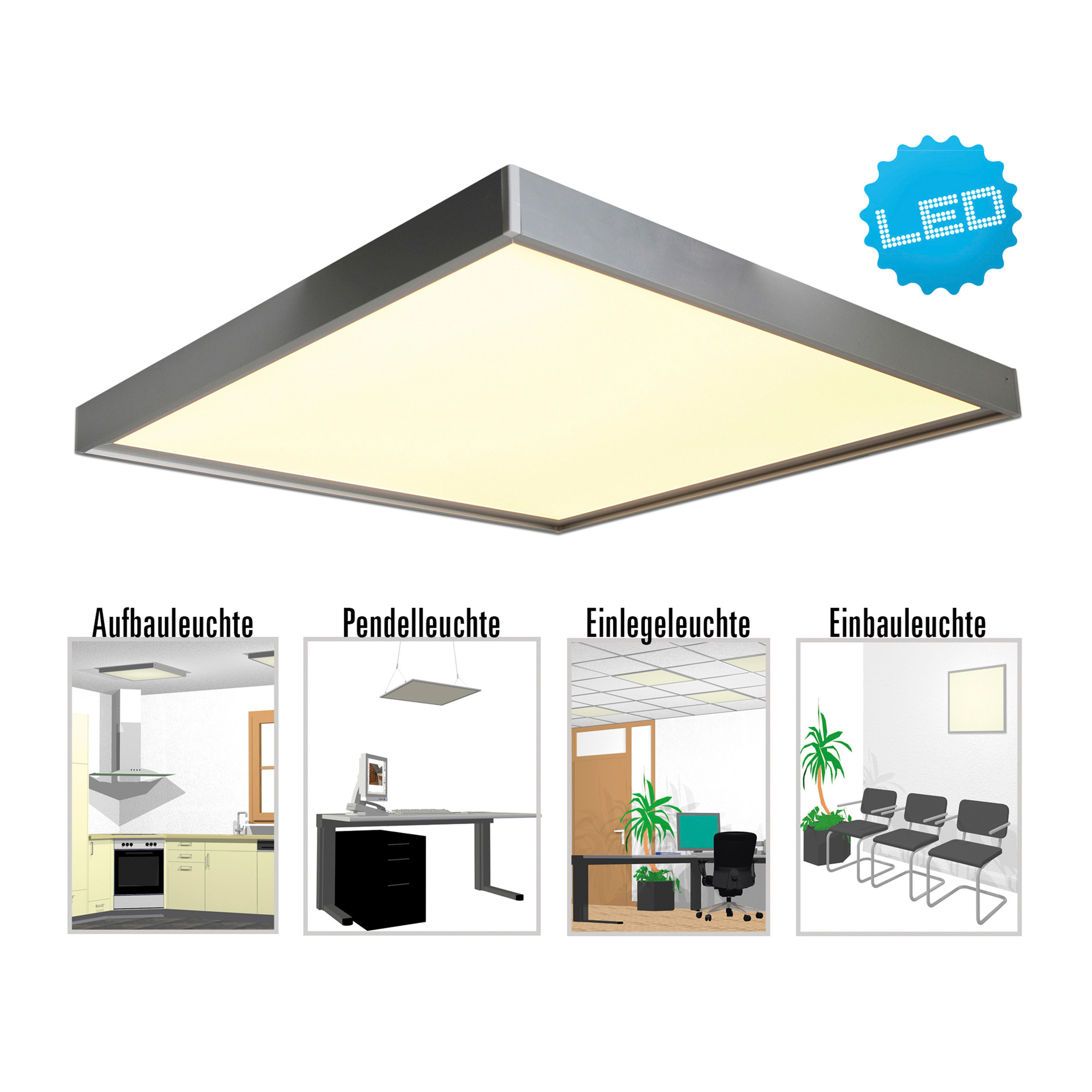 Eine quadratische LED-Deckenleuchte mit Beispielinstallationen in einer Küche, einem Büro und einem Wartezimmer.