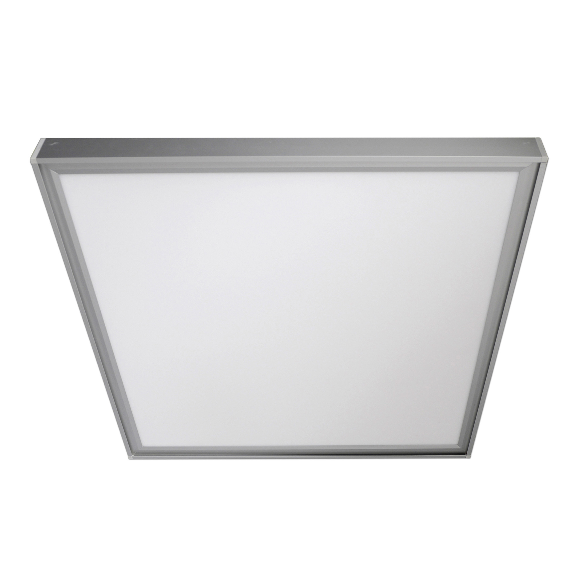 Eine quadratische, weiße LED-Deckenleuchte mit grauer Umrandung, gleichmäßig beleuchtet, vor einem schlichten weißen Hintergrund.