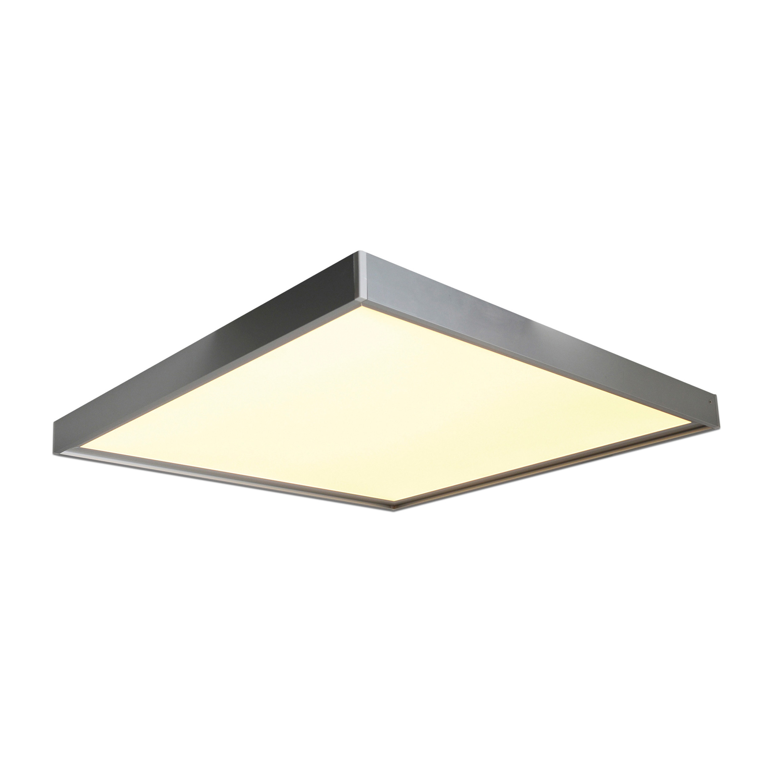 Eine quadratische, weiße LED-Deckenleuchte mit grauer Umrandung, gleichmäßig beleuchtet, vor einem schlichten weißen Hintergrund.