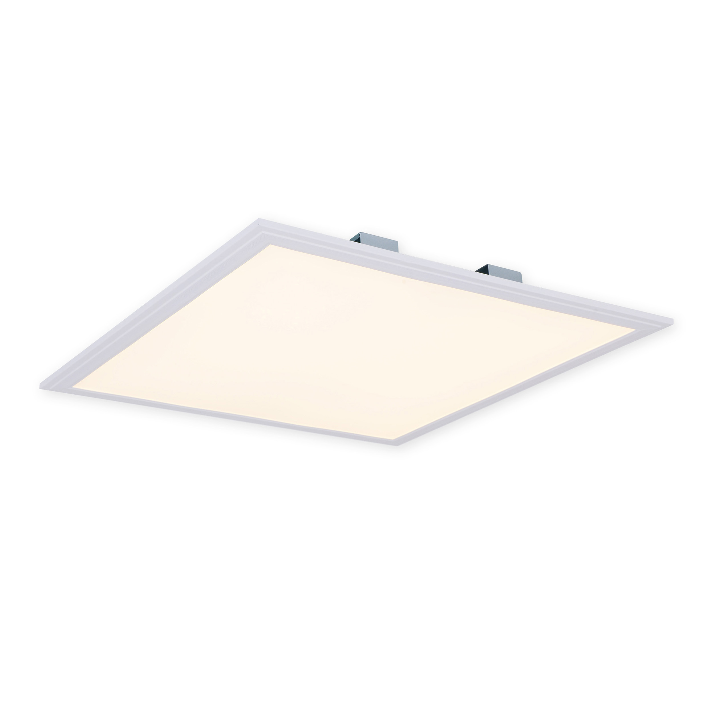 Eine quadratische, weiße LED-Deckenleuchte mit weißer Umrandung und Metallclips, vor einem schlichten weißen Hintergrund.