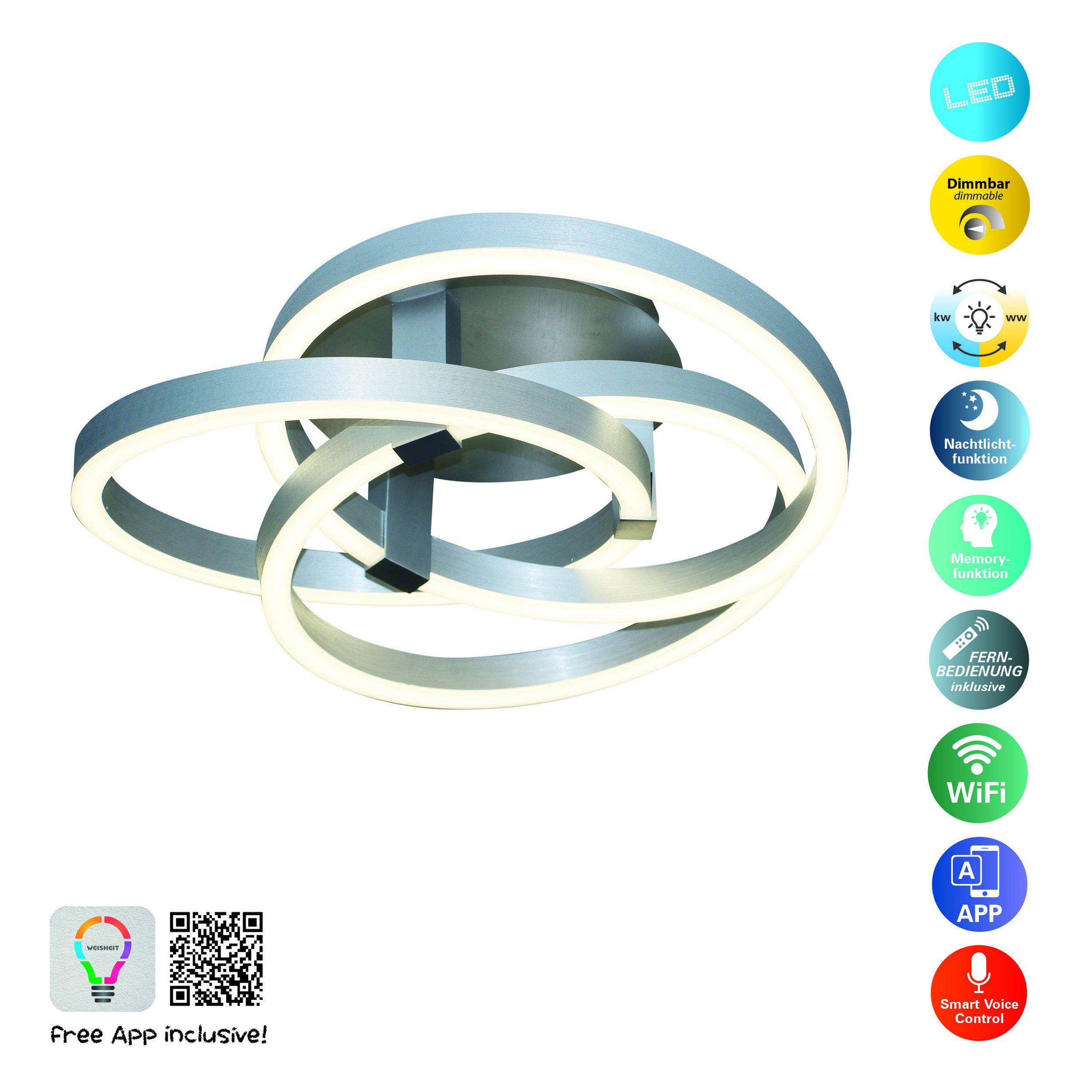 Moderne Deckenleuchte mit drei verschlungenen Silberringen, verschiedenen Symbolen und einem QR-Code an der Seite.