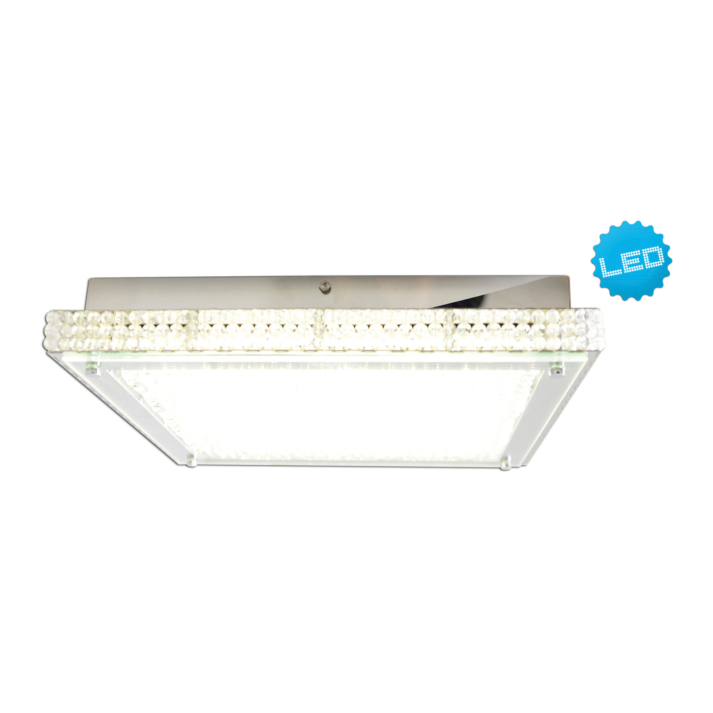 Ein quadratisches Licht mit kristallartigen Kanten und einem weißen Panel. Ein LED-Label an der Seite.