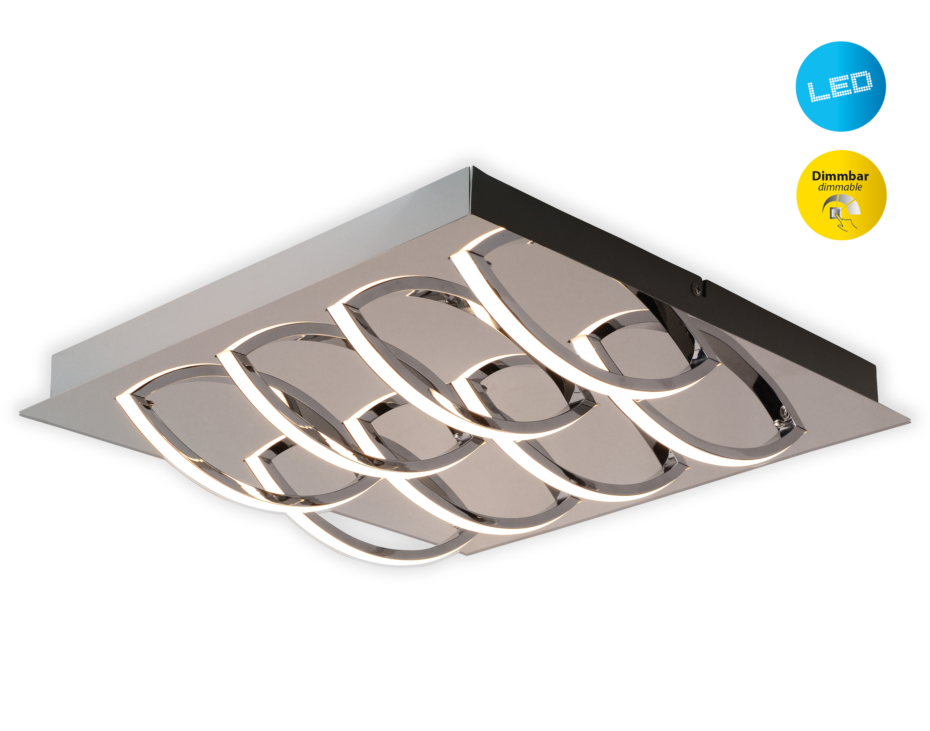 Quadratische Deckenleuchte mit blattförmigem Design und Chromausführung, dimmbar und LED.