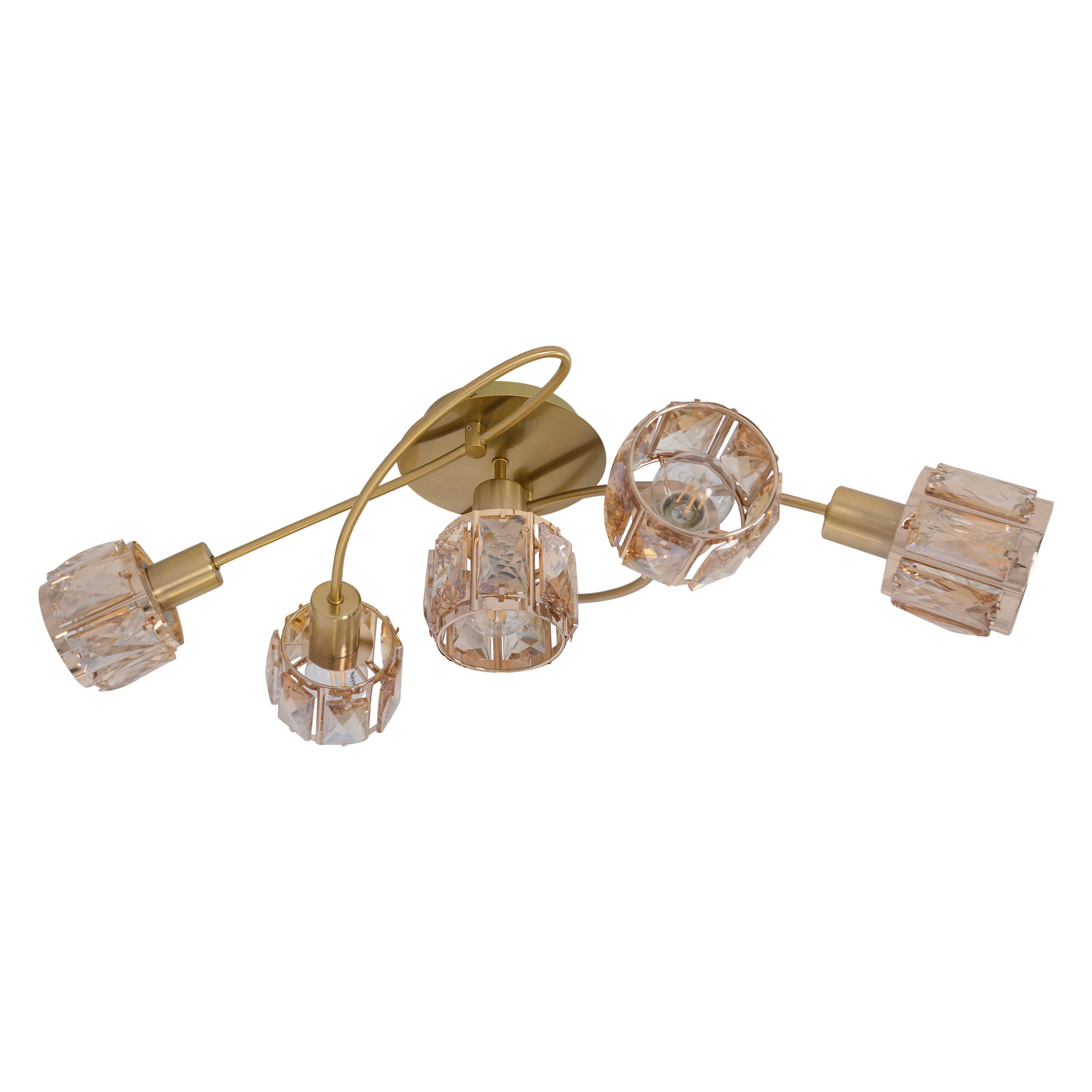 Goldfarbene Deckenlampe mit fünf kristallartigen Schirmen auf weißem Hintergrund. Geschwungenes Design.
