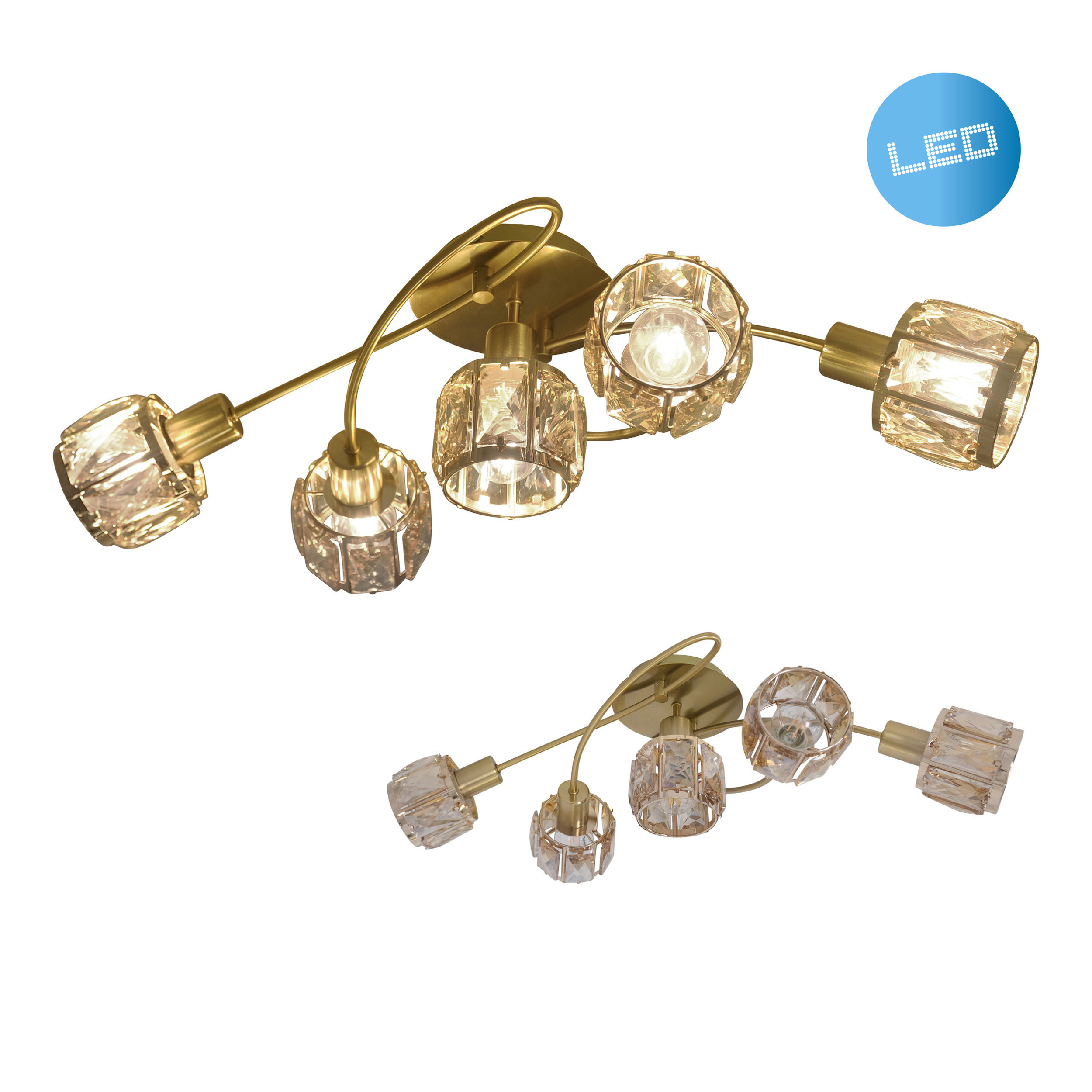 Zwei goldfarbene Deckenlampen mit kristallartigen Schirmen auf weißem Hintergrund. Beide haben ein geschwungenes Design.