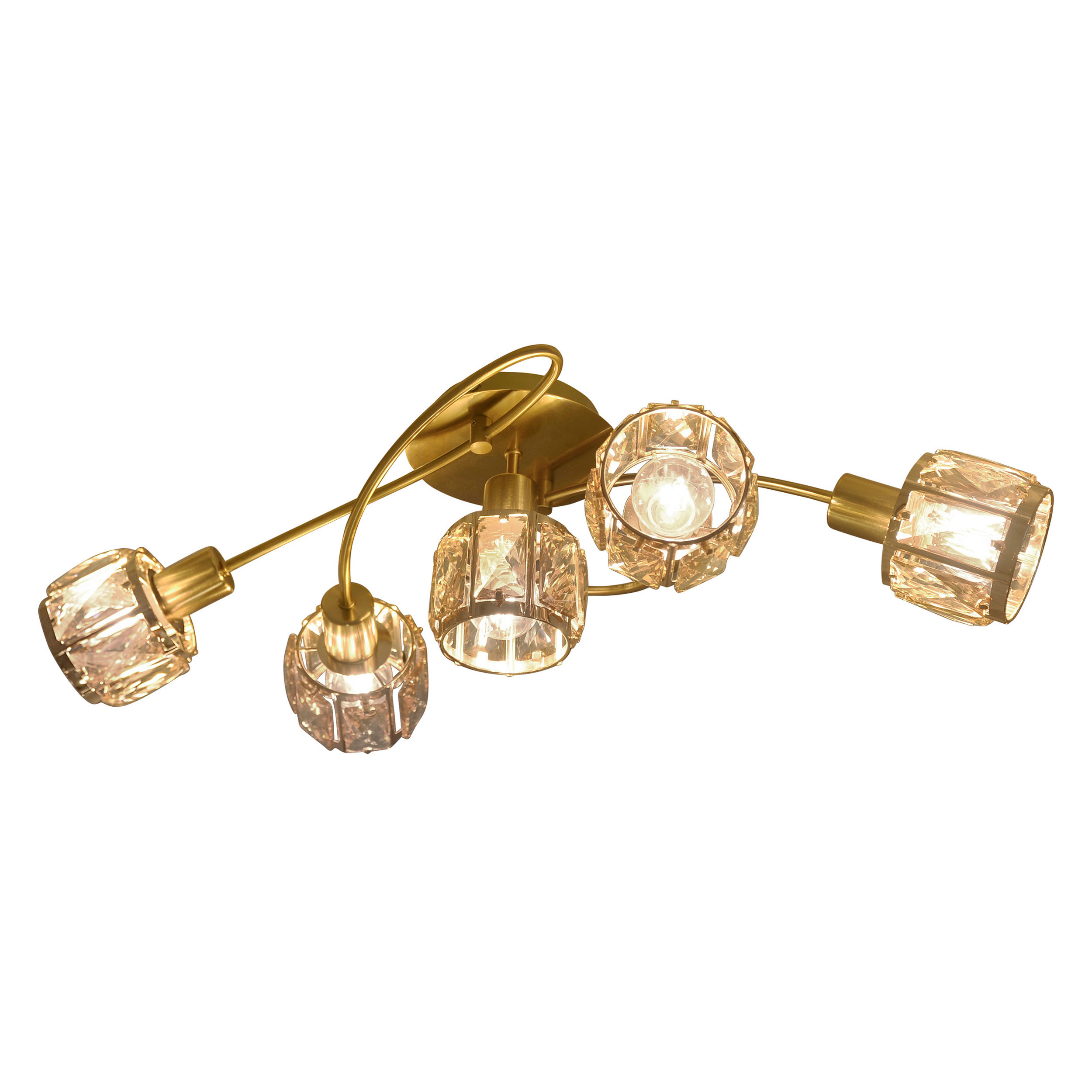 Deckenleuchte mit fünf kristallbedeckten Lampen an einem goldenen Stiel.