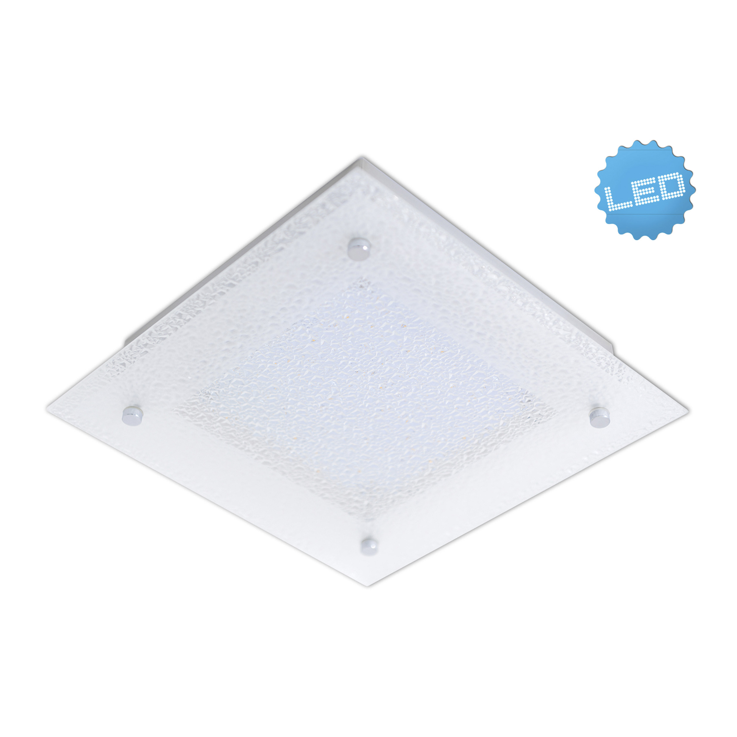 Quadratische Deckenleuchte mit strukturiertem Glas und LED-Licht.
