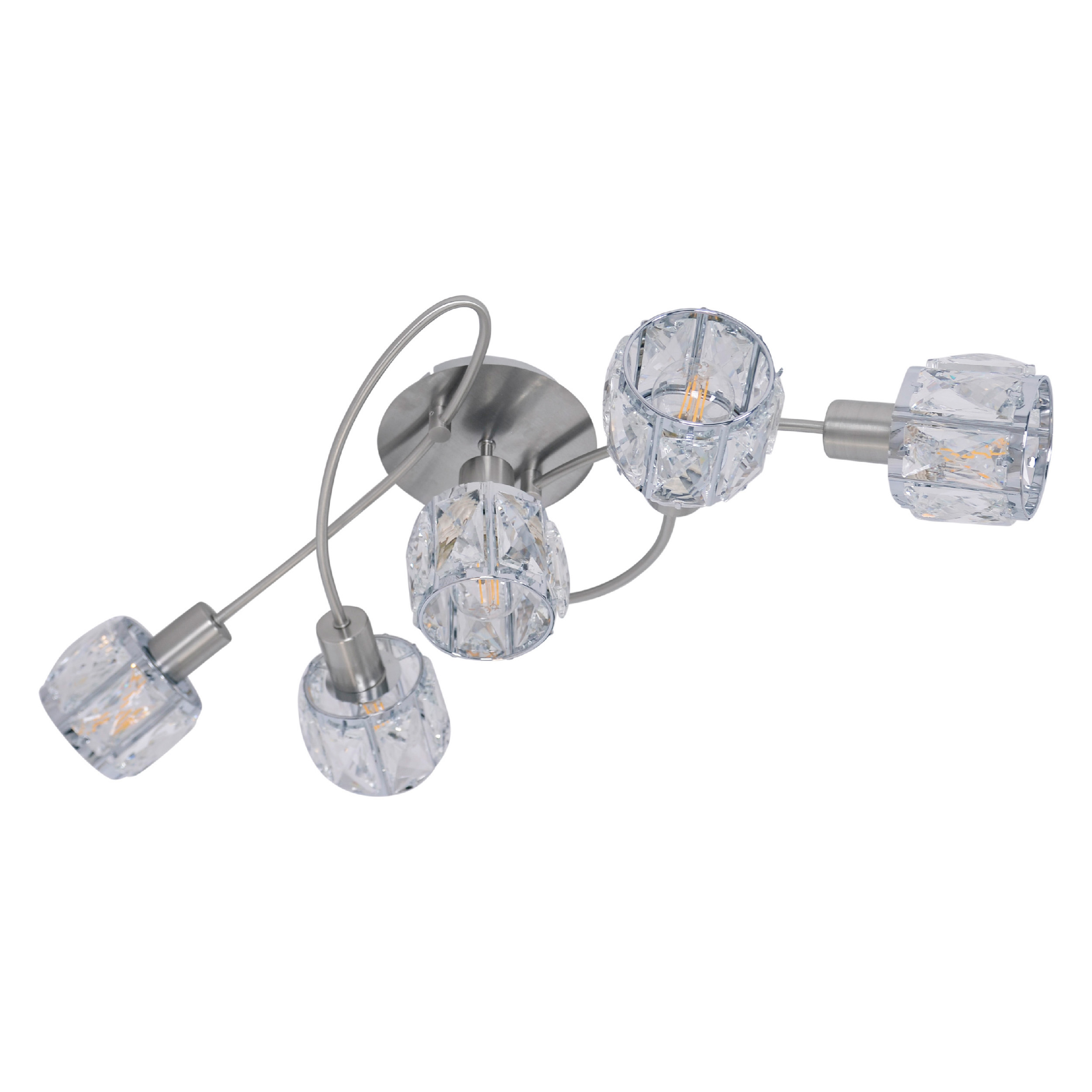 Deckenleuchte mit fünf Kristall-Lampen an einer geschwungenen Silberstruktur.