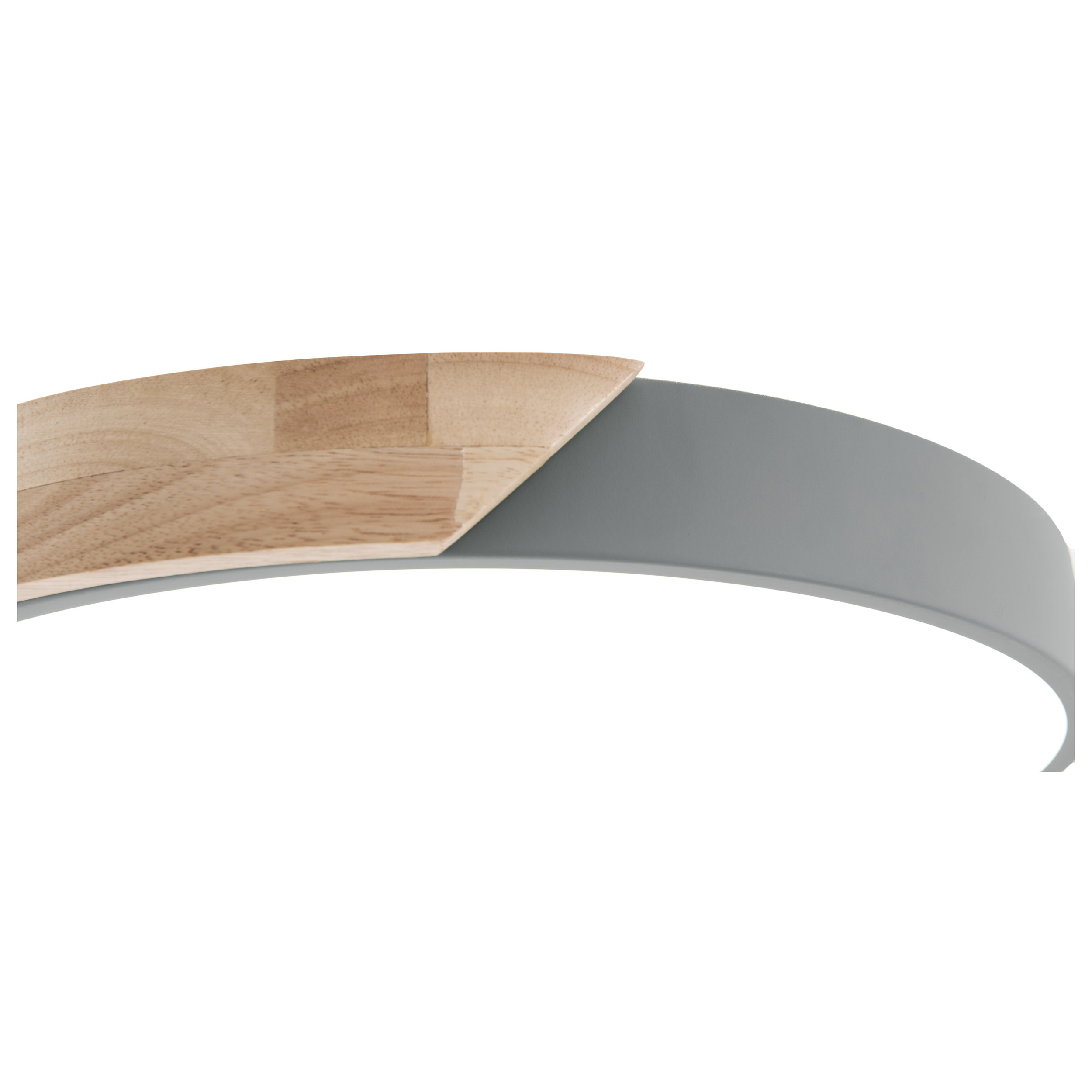 Nahaufnahme einer Leuchte mit einem Holz- und einem Graubereich. Der Holzteil ist hellbraun, der graue Teil ist gebogen.