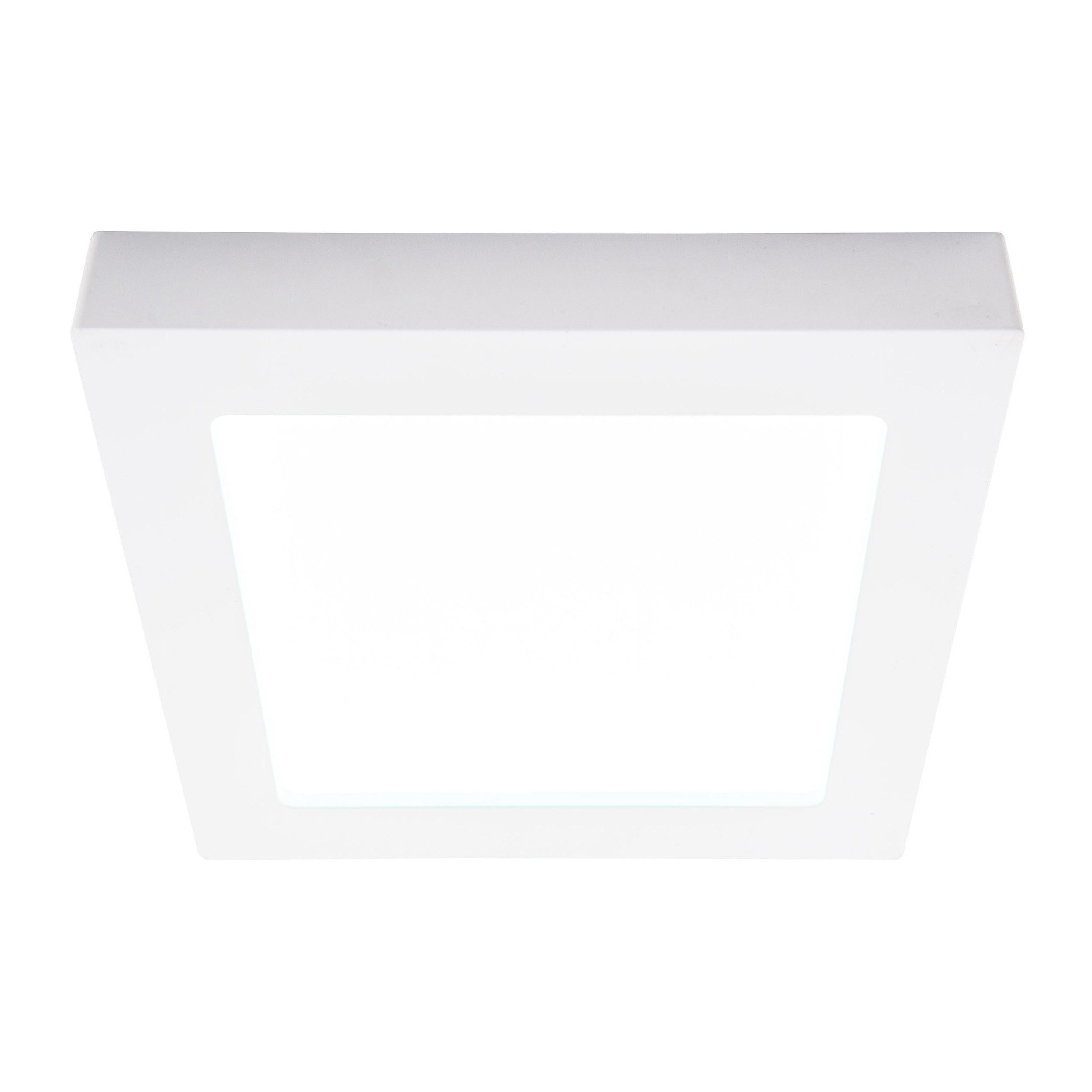 Eine quadratische, weiße LED-Deckenleuchte mit weißem Hintergrund. Das Licht strahlt sanft.