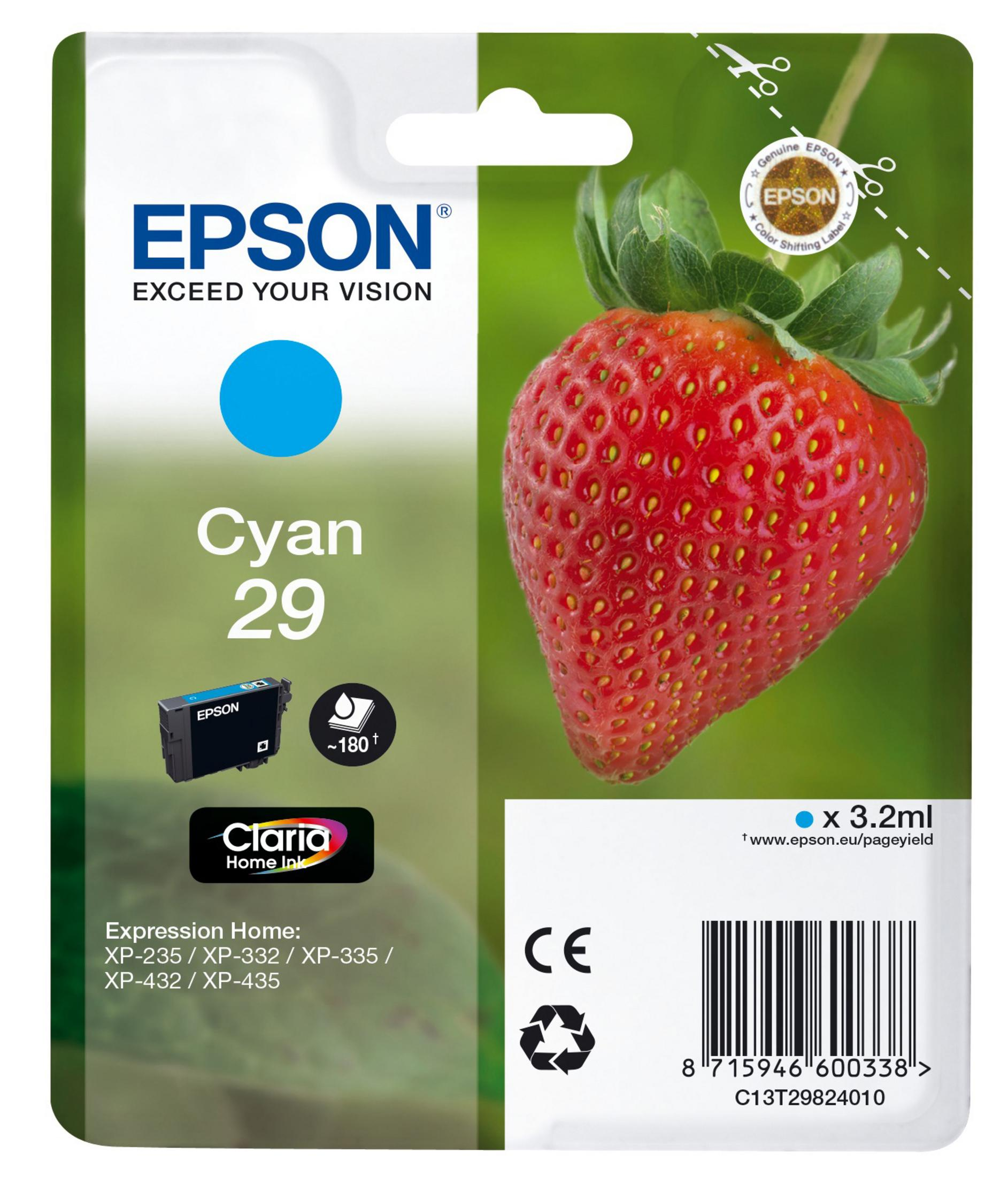 Confezione di cartucce di inchiostro Epson Cyan con una fragola.