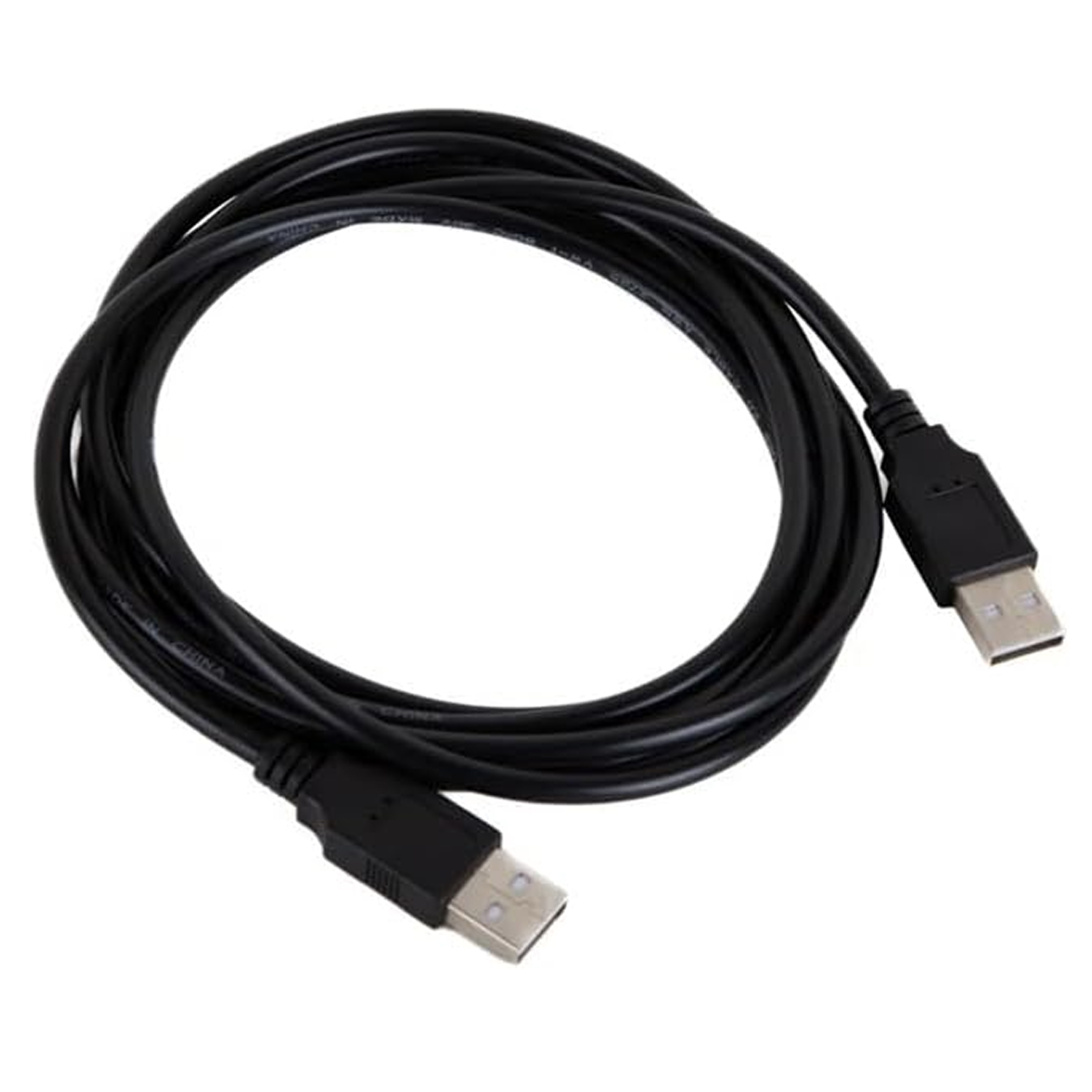 Cavo USB nero su sfondo bianco con connettori.