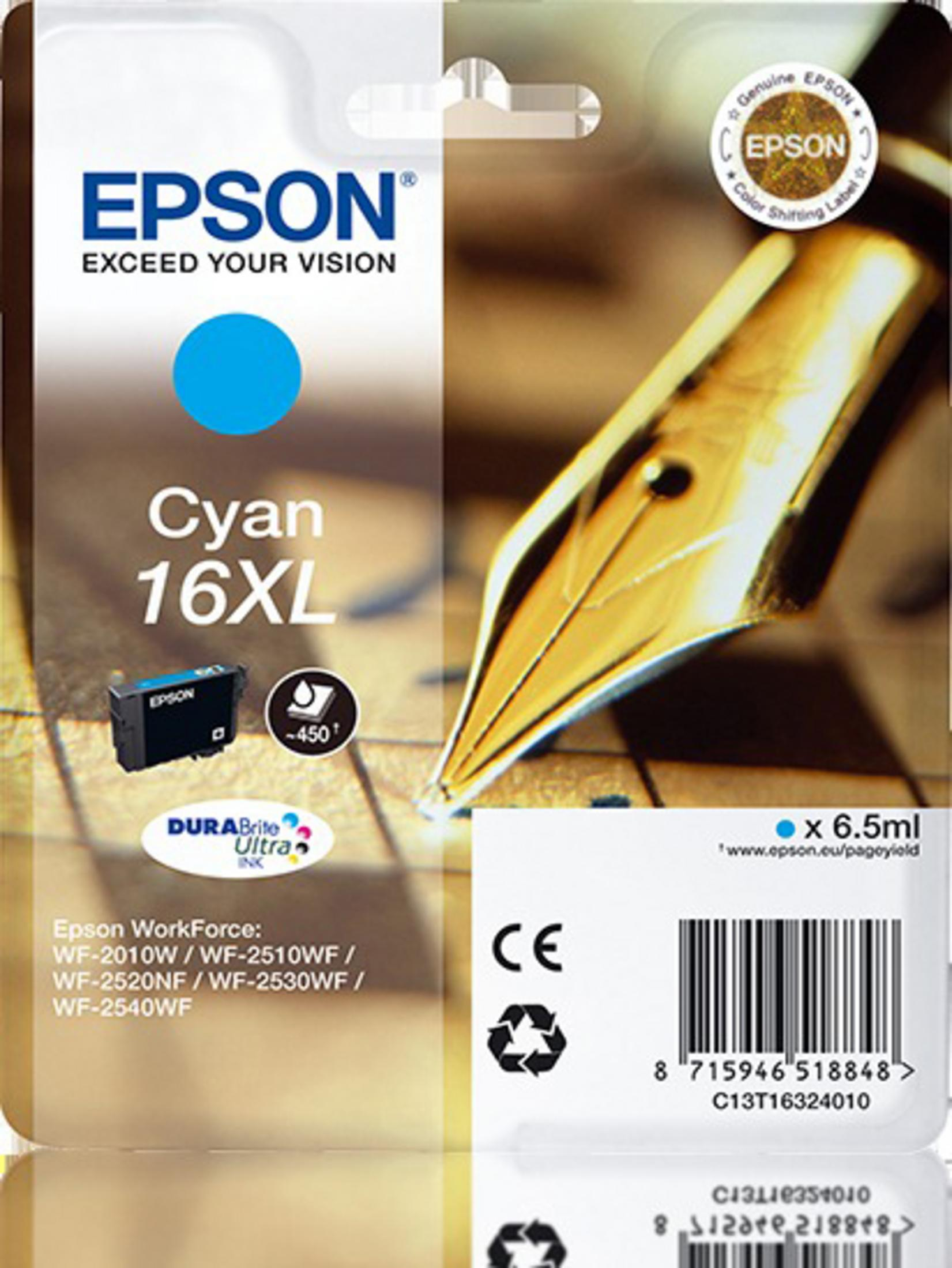 Epson Cyan-Tintenpatronenverpackung mit einer Feder und Text. Die Patrone ist cyanfarben.