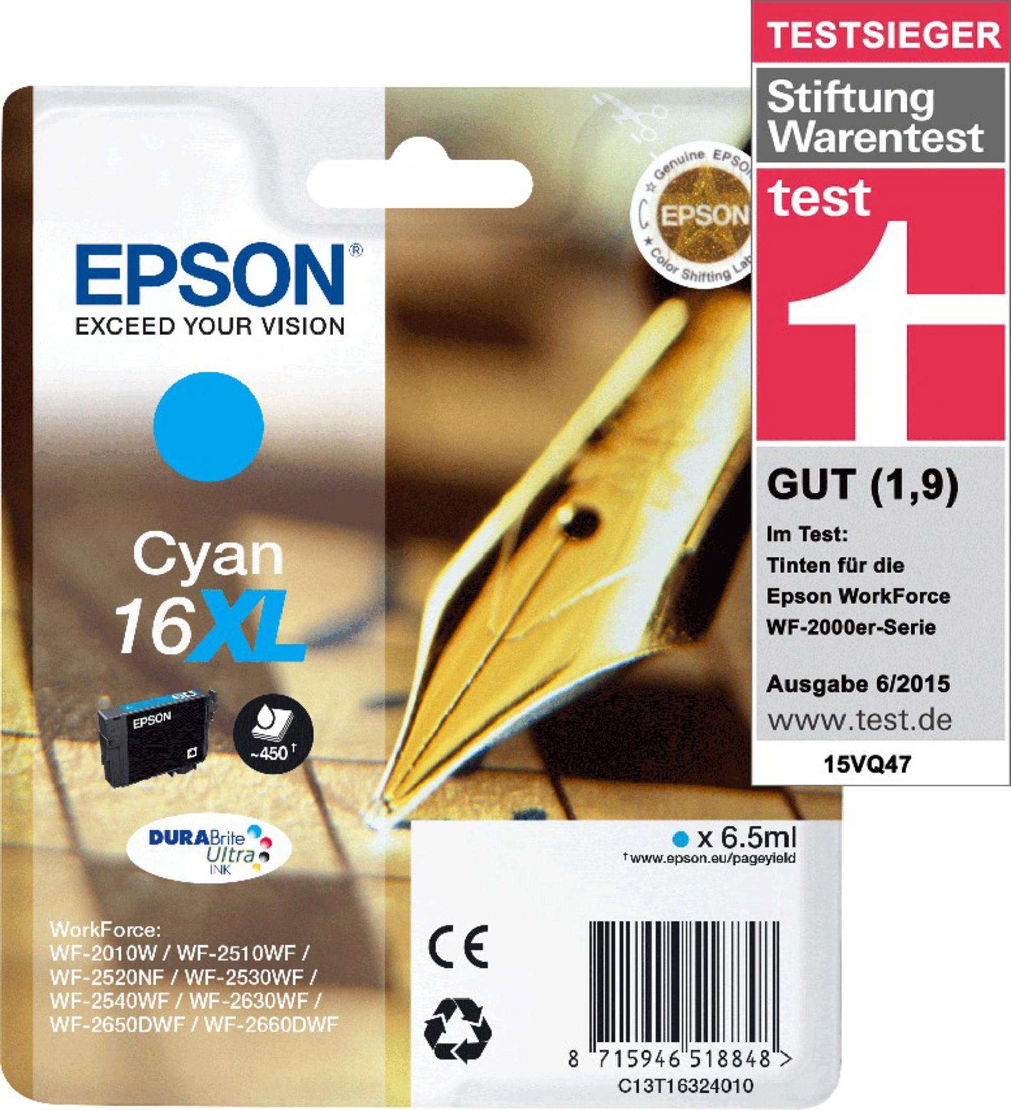 Epson Cyan 16XL Tintenpatronenverpackung. Enthält das Epson-Logo, blaue Tinte und eine Stiftillustration.