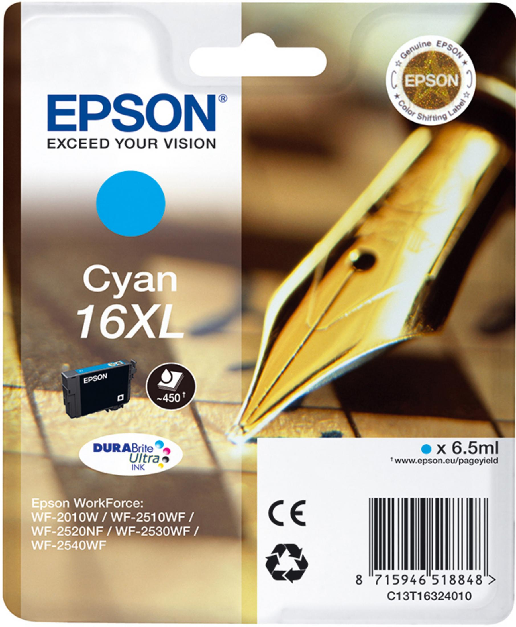Epson Cyan 16XL Tintenpatronenverpackung. Das Bild zeigt das Epson-Logo, cyanfarbene Tinte und eine Stiftillustration.