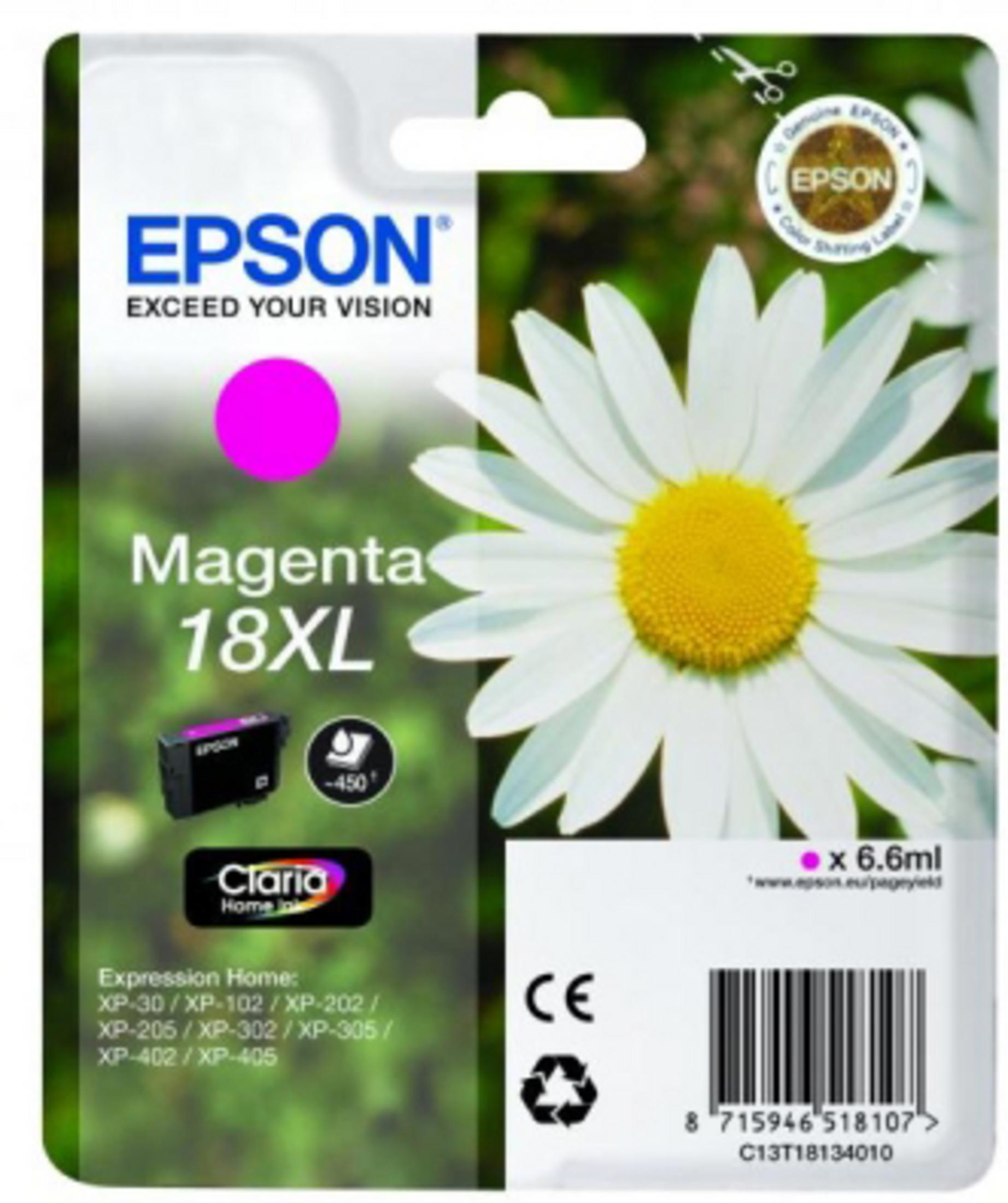 Cartucho de tinta magenta con una margarita. El paquete incluye la marca Epson y especificaciones para impresoras.