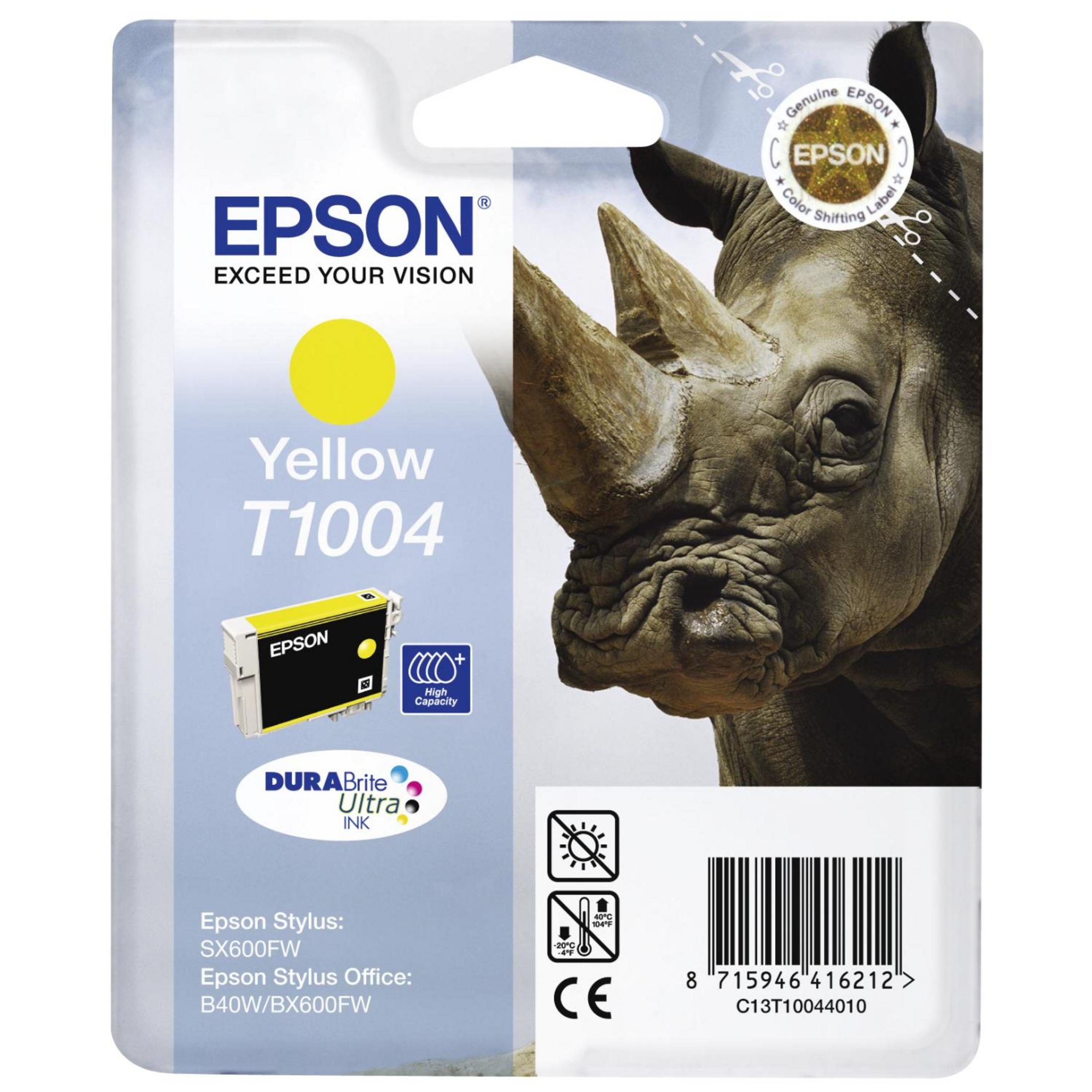 Una confezione di cartucce di inchiostro giallo Epson con un'immagine di rinoceronte e un cerchio giallo.