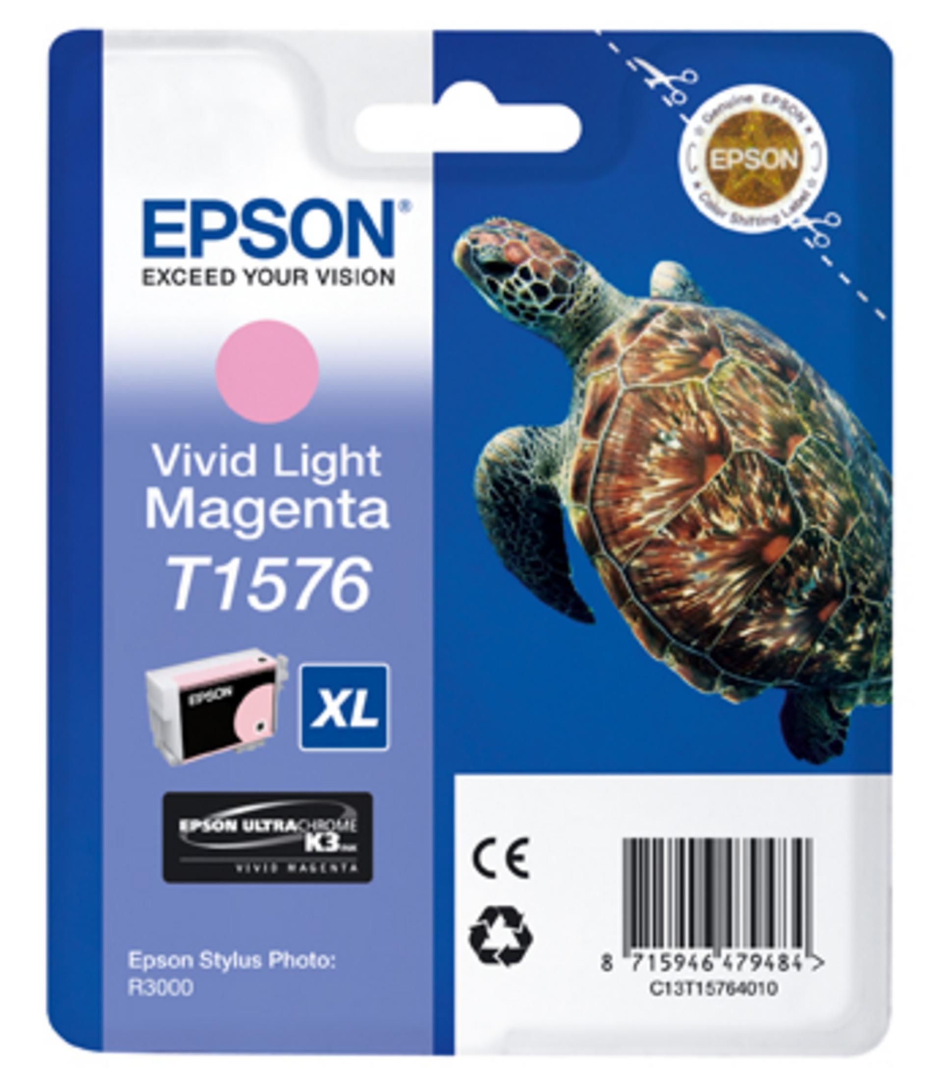 Una confezione di cartucce di inchiostro magenta Epson con un'immagine di tartaruga sul lato destro, su sfondo bianco.