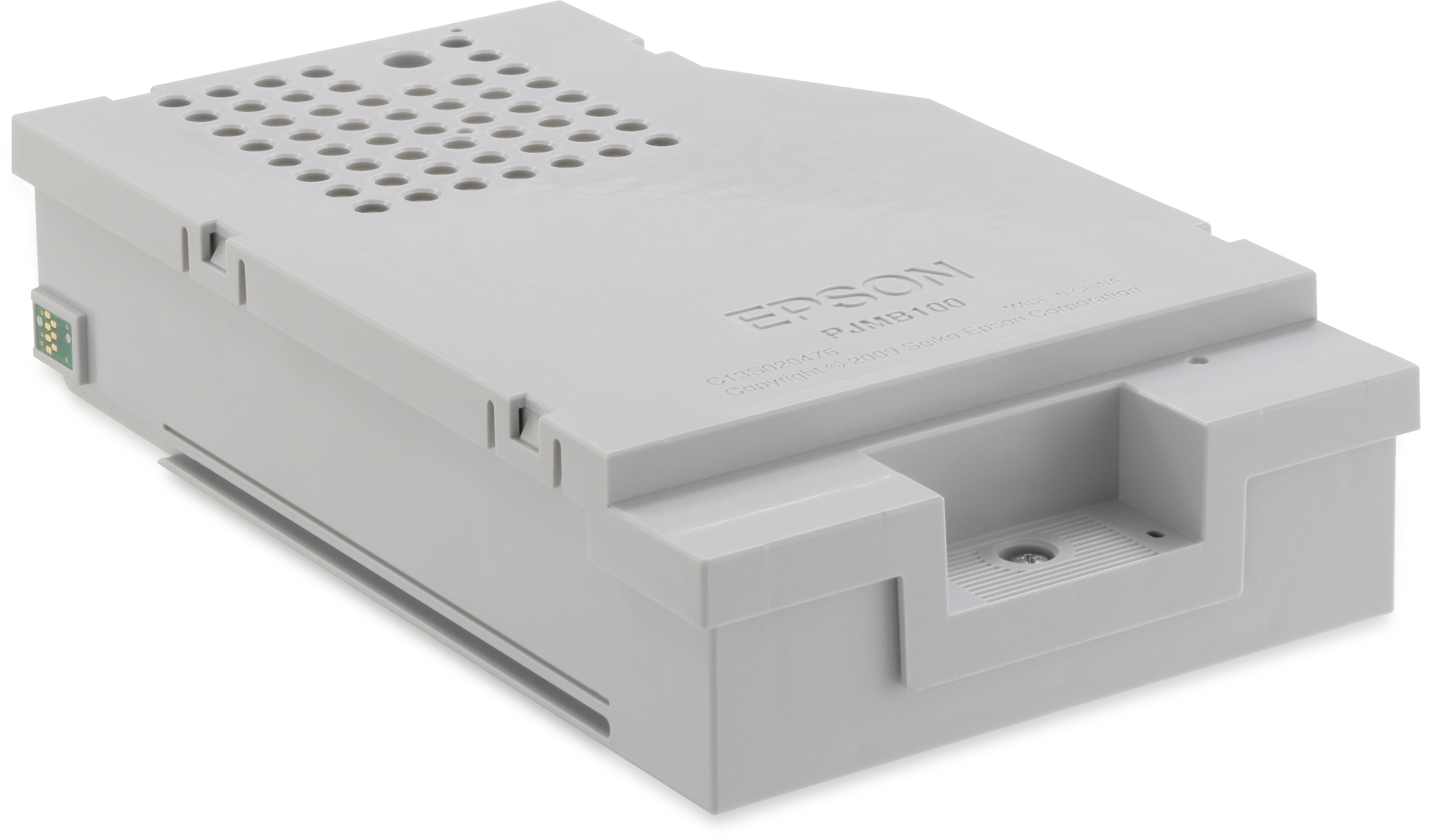 Una parte grigia di una stampante Epson, rettangolare con una griglia di fori e il logo Epson, su sfondo bianco.