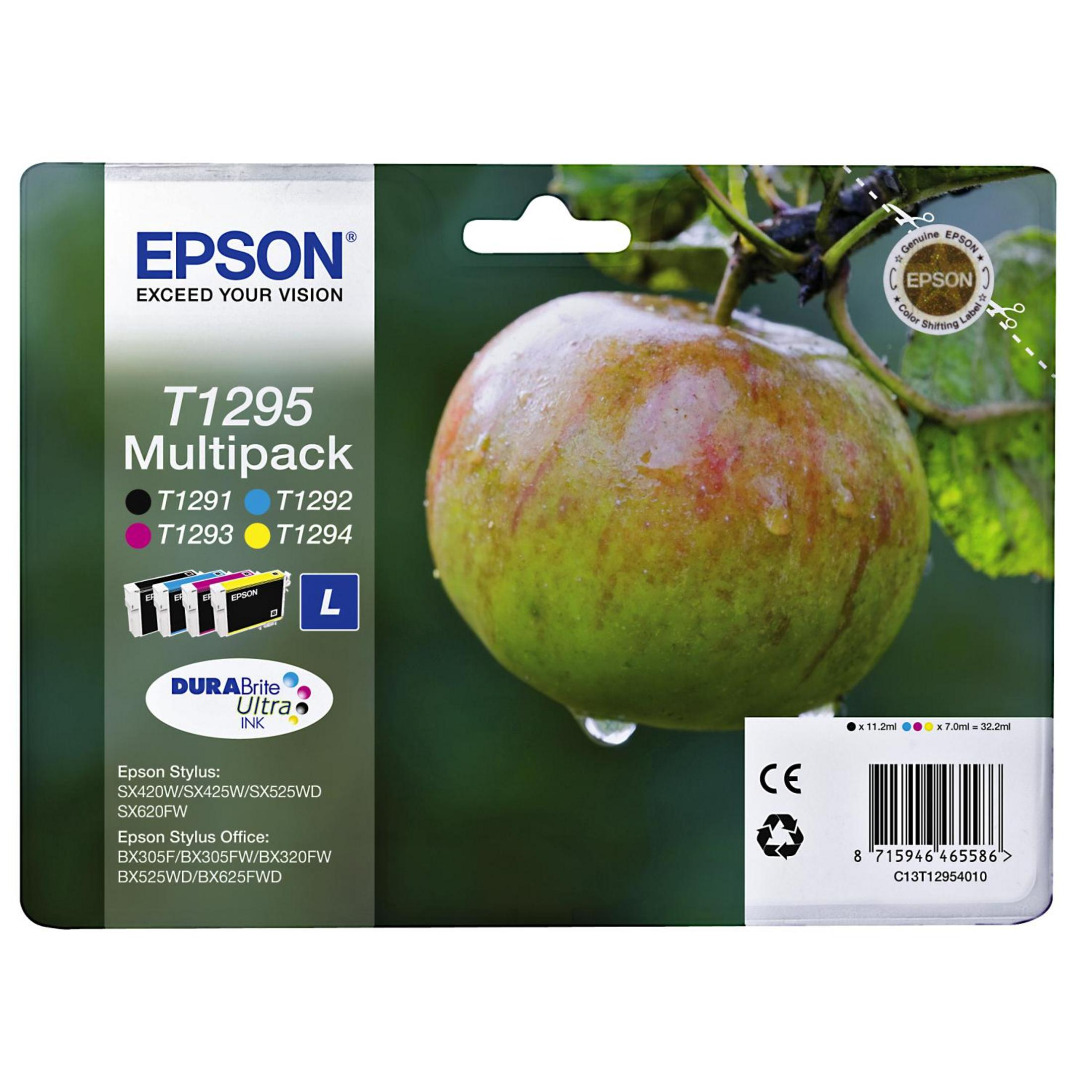 Eine Epson Tintenpatronenverpackung mit Apfel und Produktinformationen. Die Verpackung ist vor grünem Hintergrund.