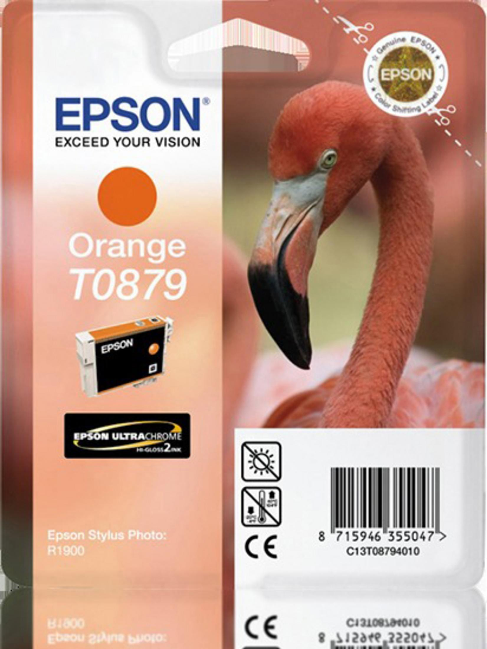 Una confezione di cartucce d'inchiostro Epson con un fenicottero arancione e informazioni sul prodotto.