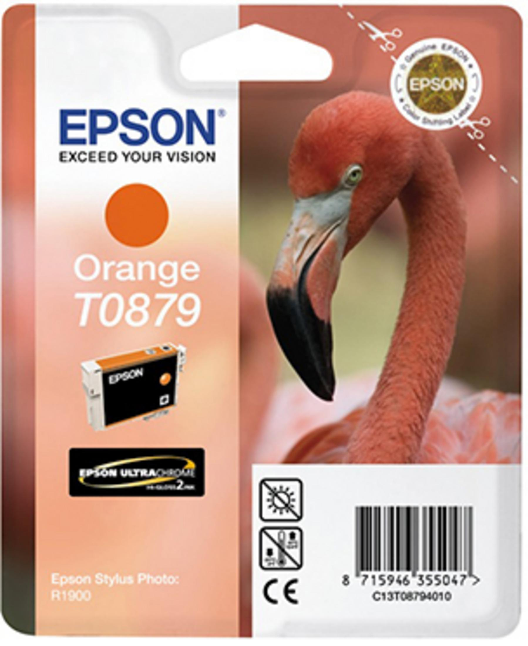 Una confezione di cartucce d'inchiostro Epson con un fenicottero arancione e informazioni sul prodotto.