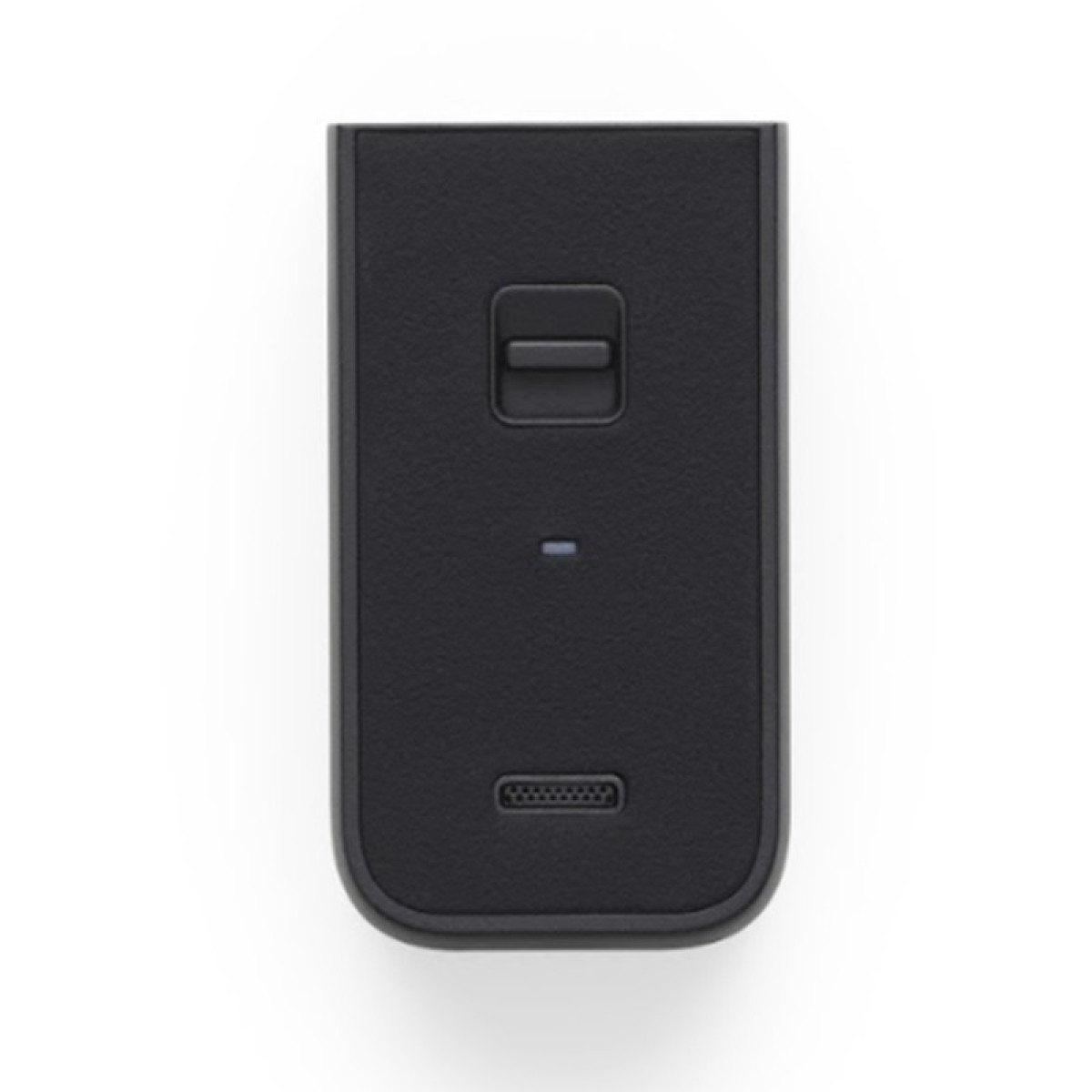 Ein schwarzes rechteckiges Gerät mit einem Knopf oben und einem USB-Anschluss unten.