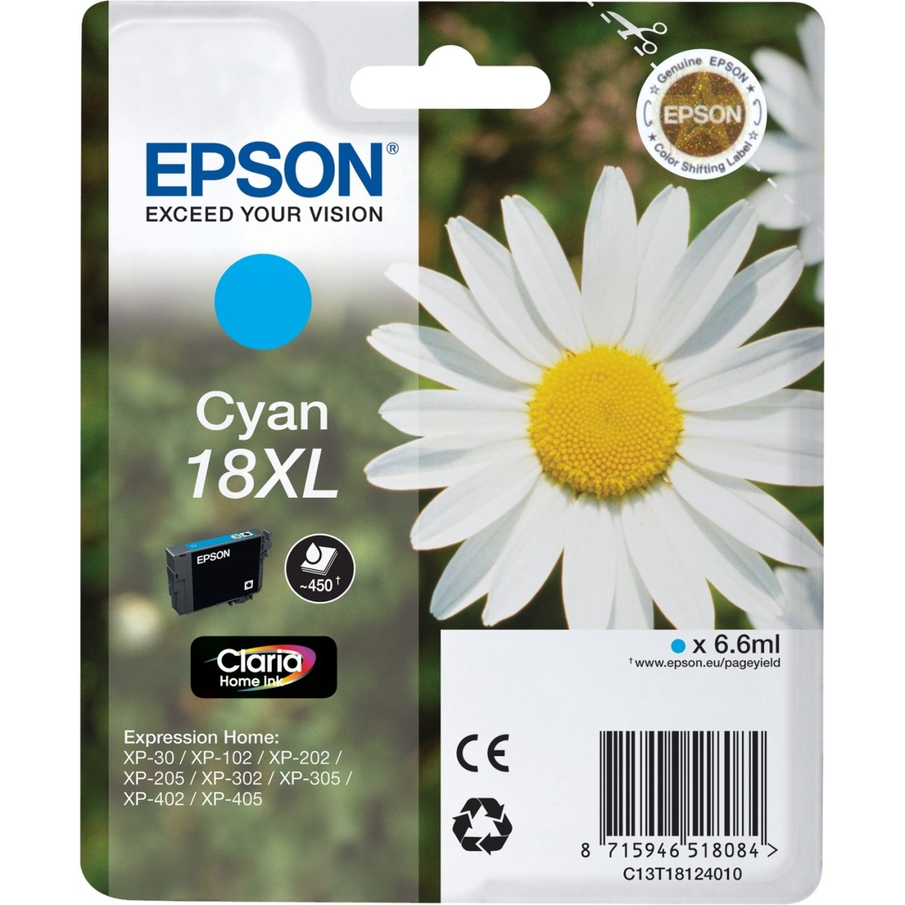 Confezione cartuccia inchiostro Epson Cyan 18XL. Include uno sfondo di margherita.