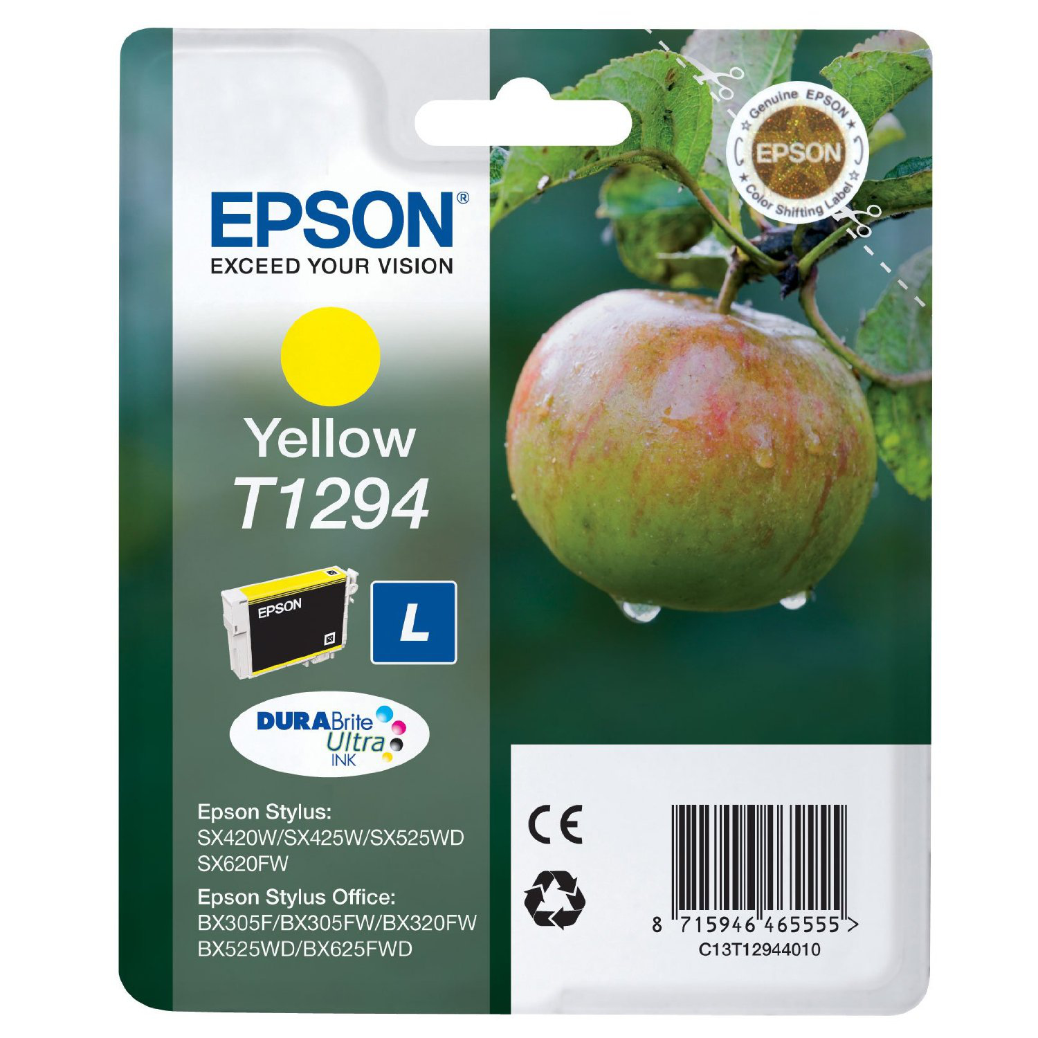 Confezione cartuccia inchiostro Epson Yellow T1294. È visibile una mela con goccioline d'acqua.