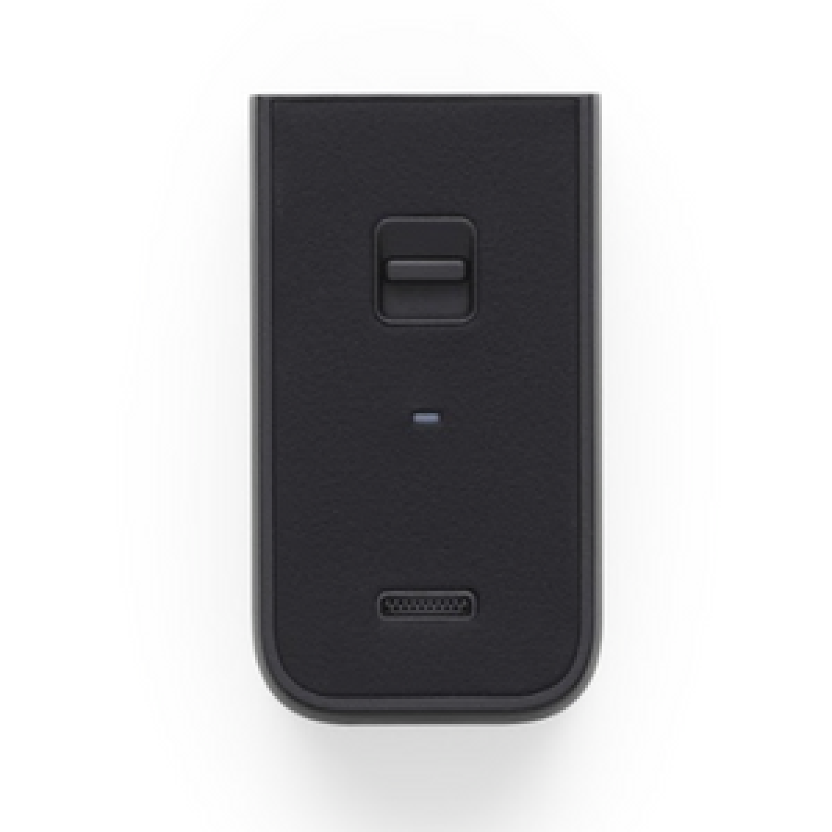 Ein schwarzes rechteckiges Gerät mit einem Knopf oben und einem USB-Anschluss unten.