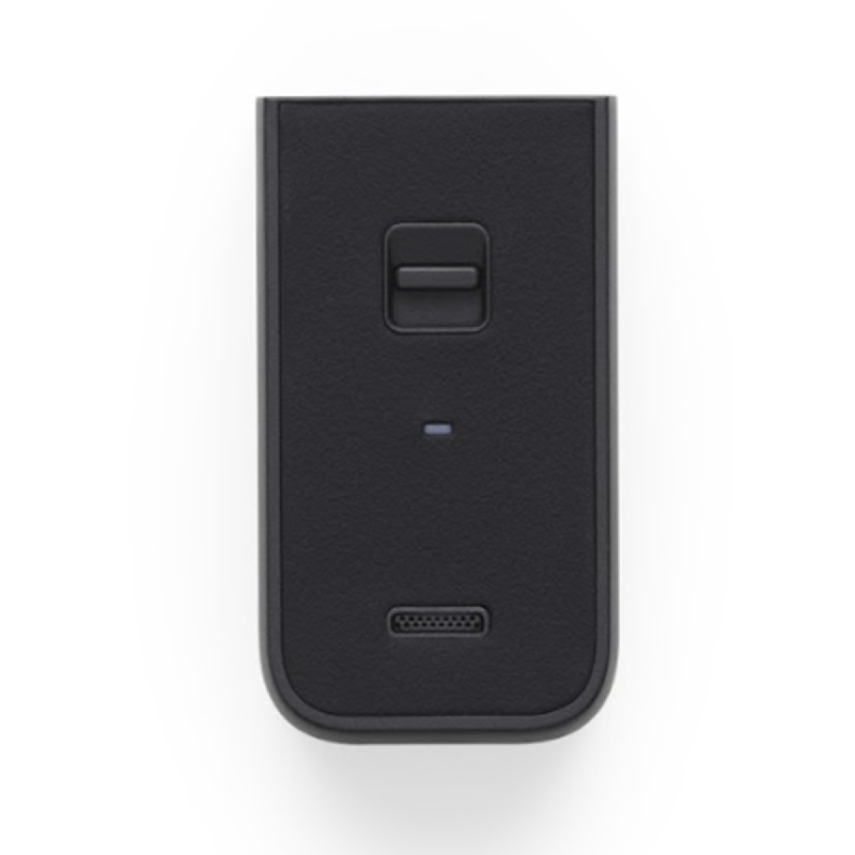 Ein schwarzes rechteckiges Gerät mit einem Knopf oben und einem USB-Anschluss unten.