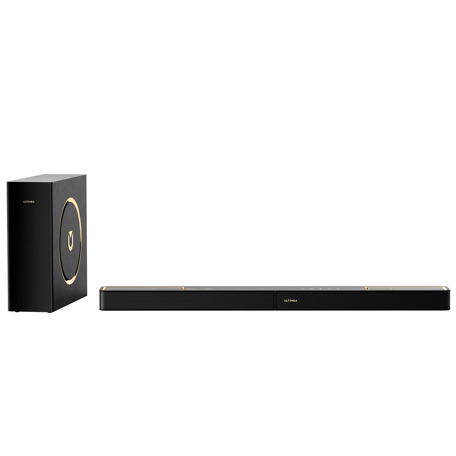 Czarny soundbar i zestaw subwoofera na białym tle. Obecne są złote akcenty.