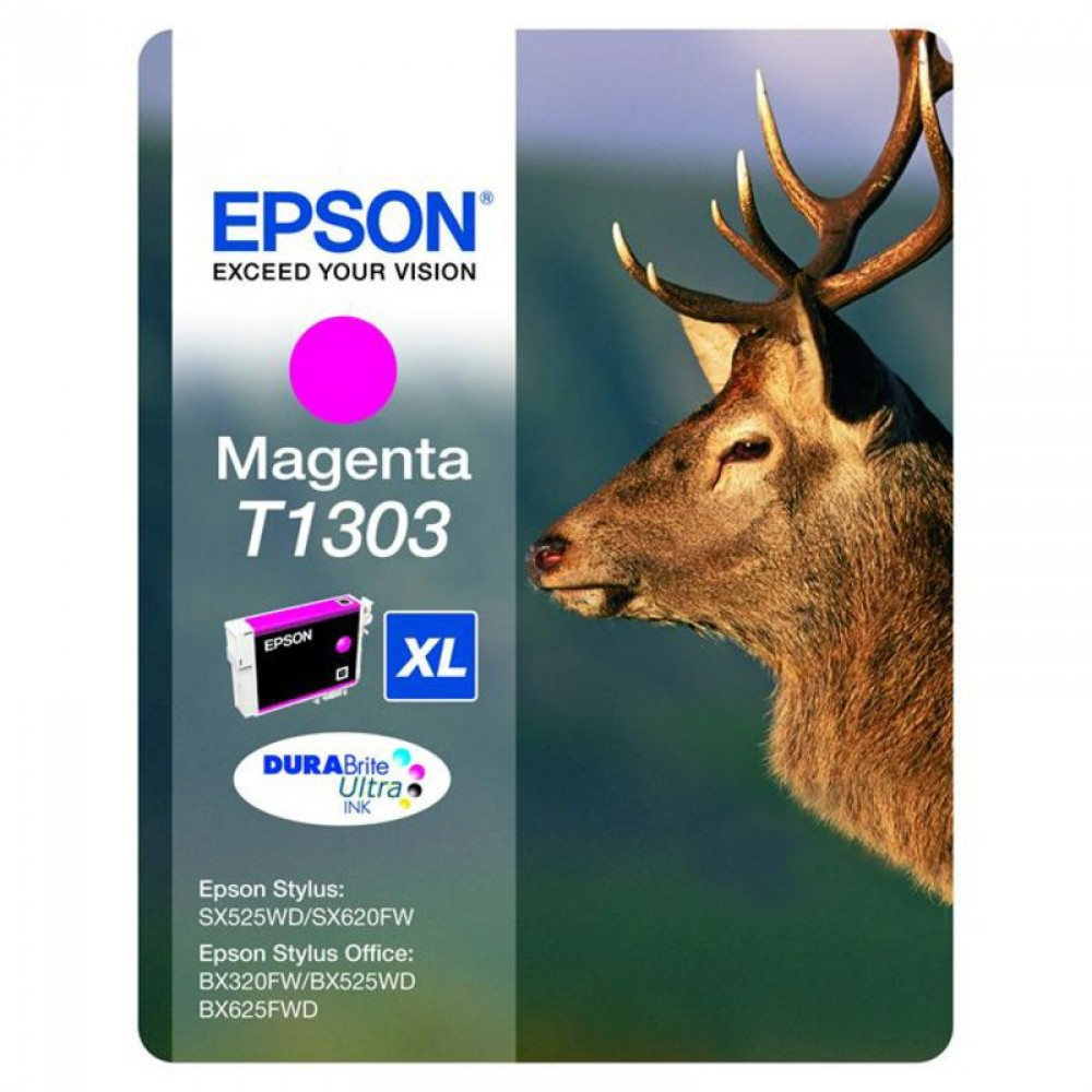 Magenta Epson Tintenpatrone mit einem Hirschkopf. Der Text lautet Magenta T1303.