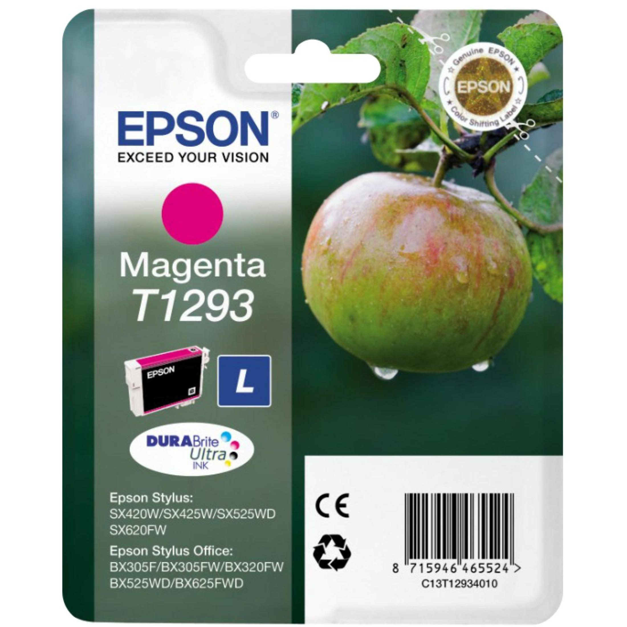 Cartuccia inchiostro Epson, magenta. Mela con gocce d'acqua su ramo sullo sfondo.