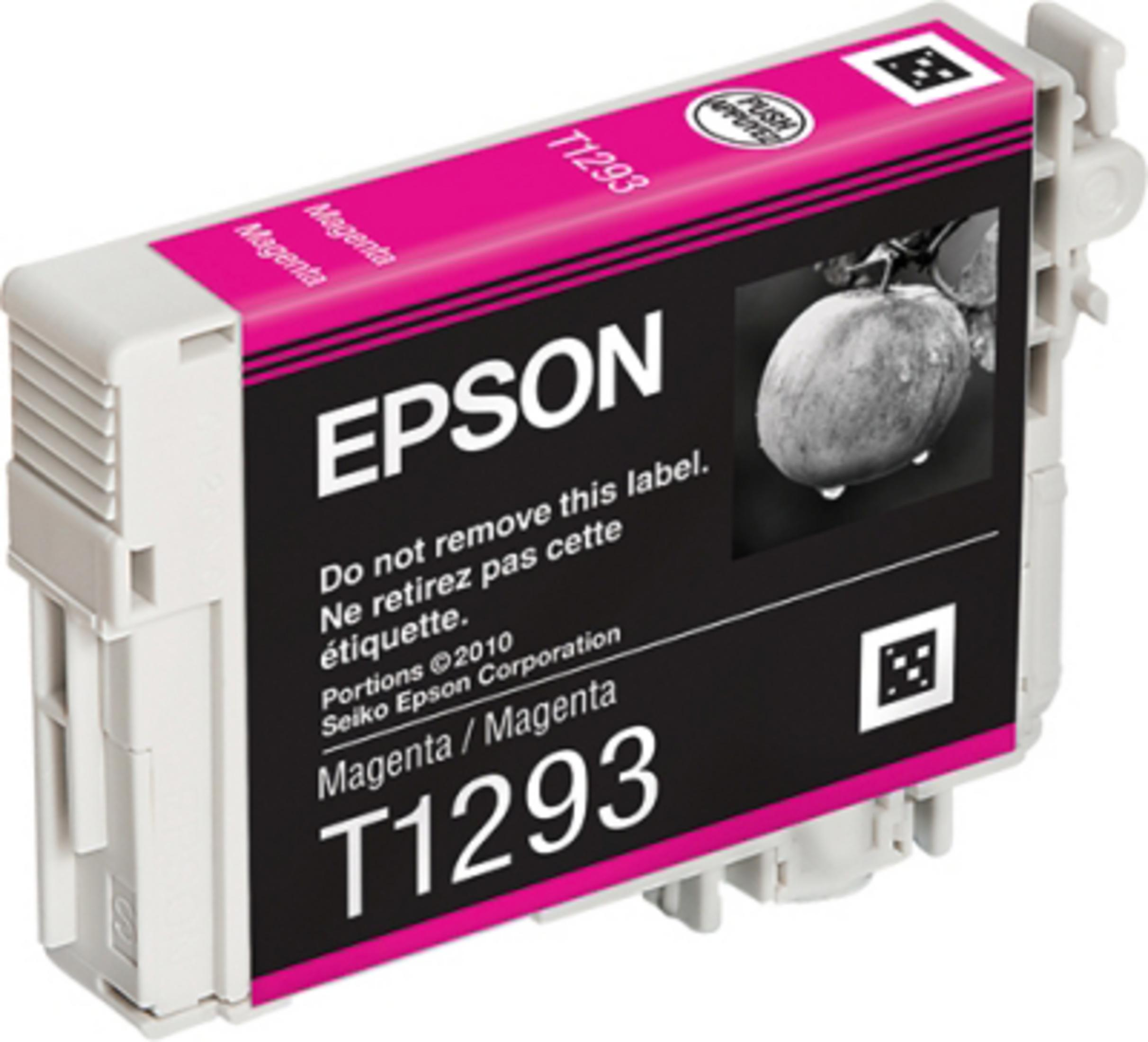 Cartuccia d'inchiostro magenta Epson con etichetta nera. Il testo dice T1293.