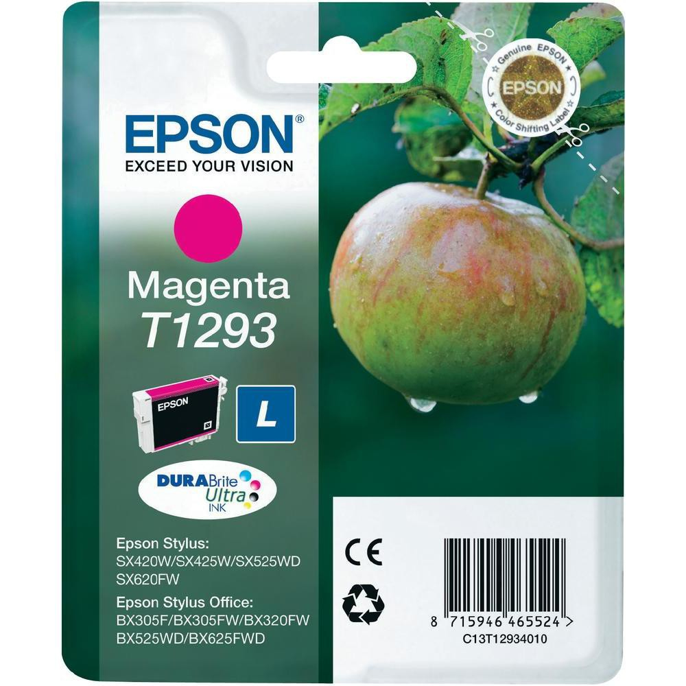 Confezione cartuccia inchiostro Epson. Inchiostro magenta. Mostra una mela. Testo: Magenta T1293.
