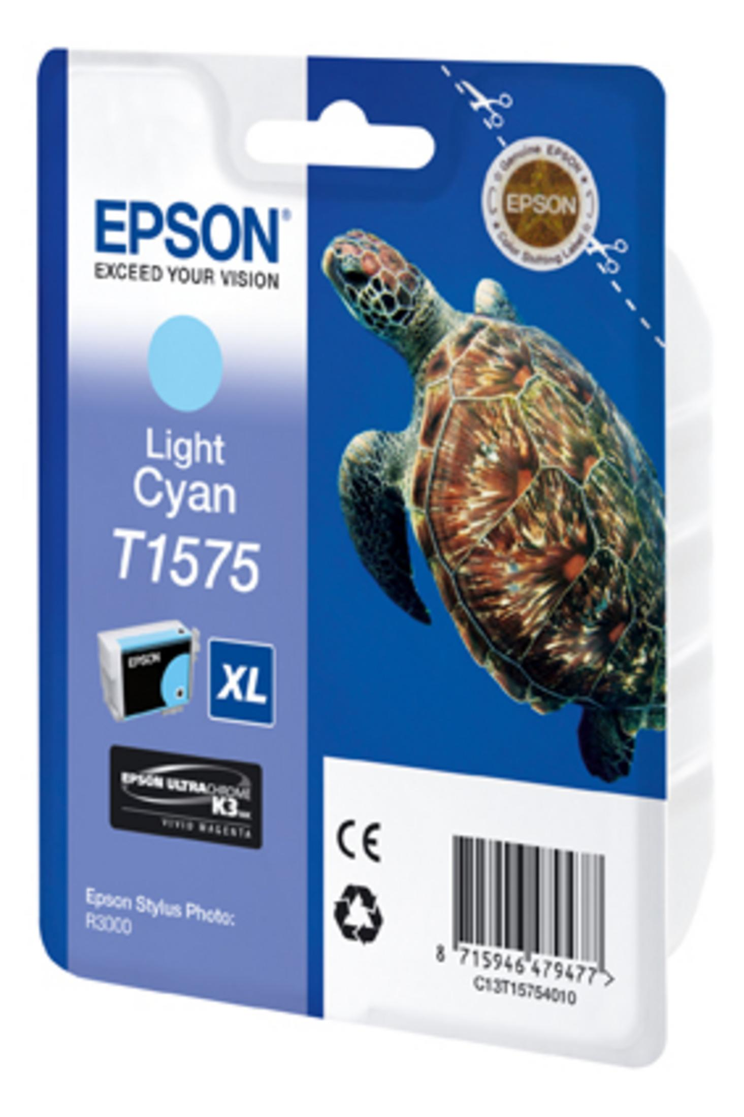 Opakowanie wkładu atramentowego Epson. Atrament jasnoniebieski. Pokazuje żółwia. Tekst: Light Cyan T1575.