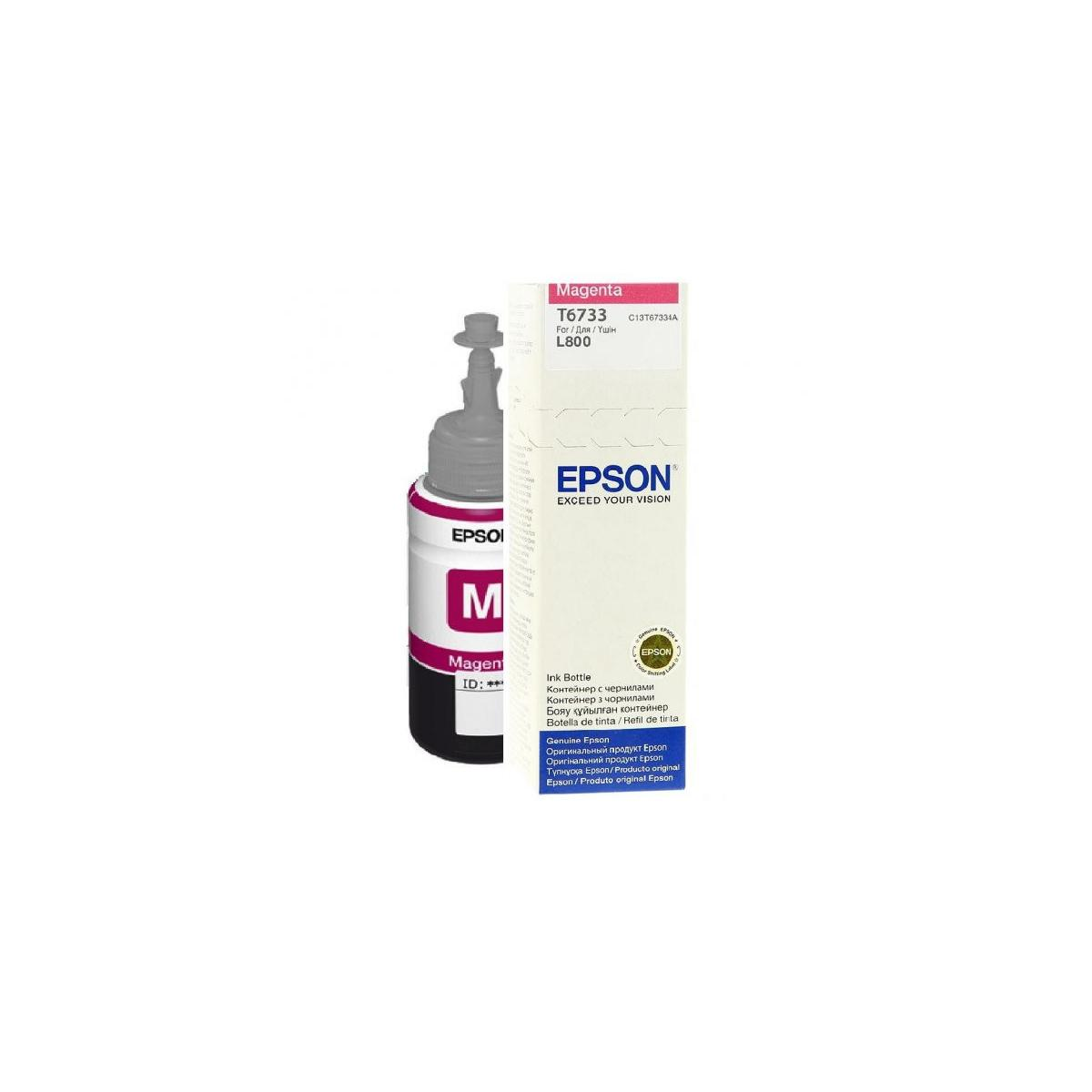 Flacone di inchiostro Epson. Inchiostro magenta. Testo: Magenta T6733. Logo Epson.