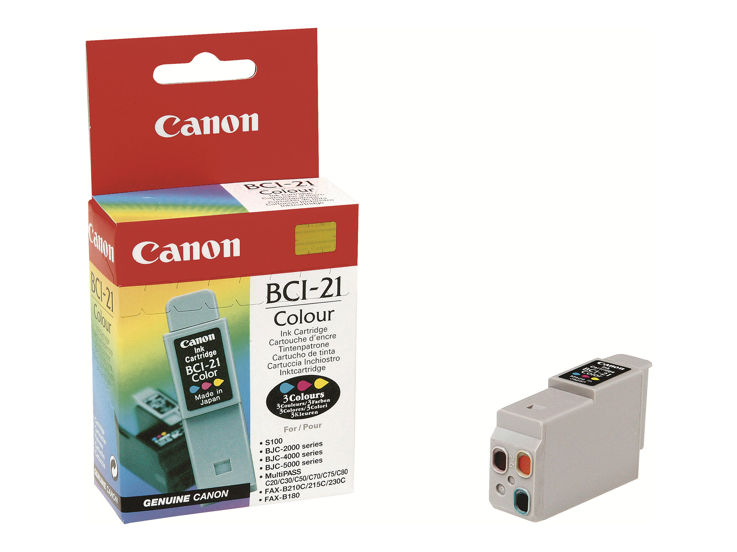 Scatola e cartuccia d'inchiostro Canon BCI-21. La scatola è rossa e la cartuccia grigia.