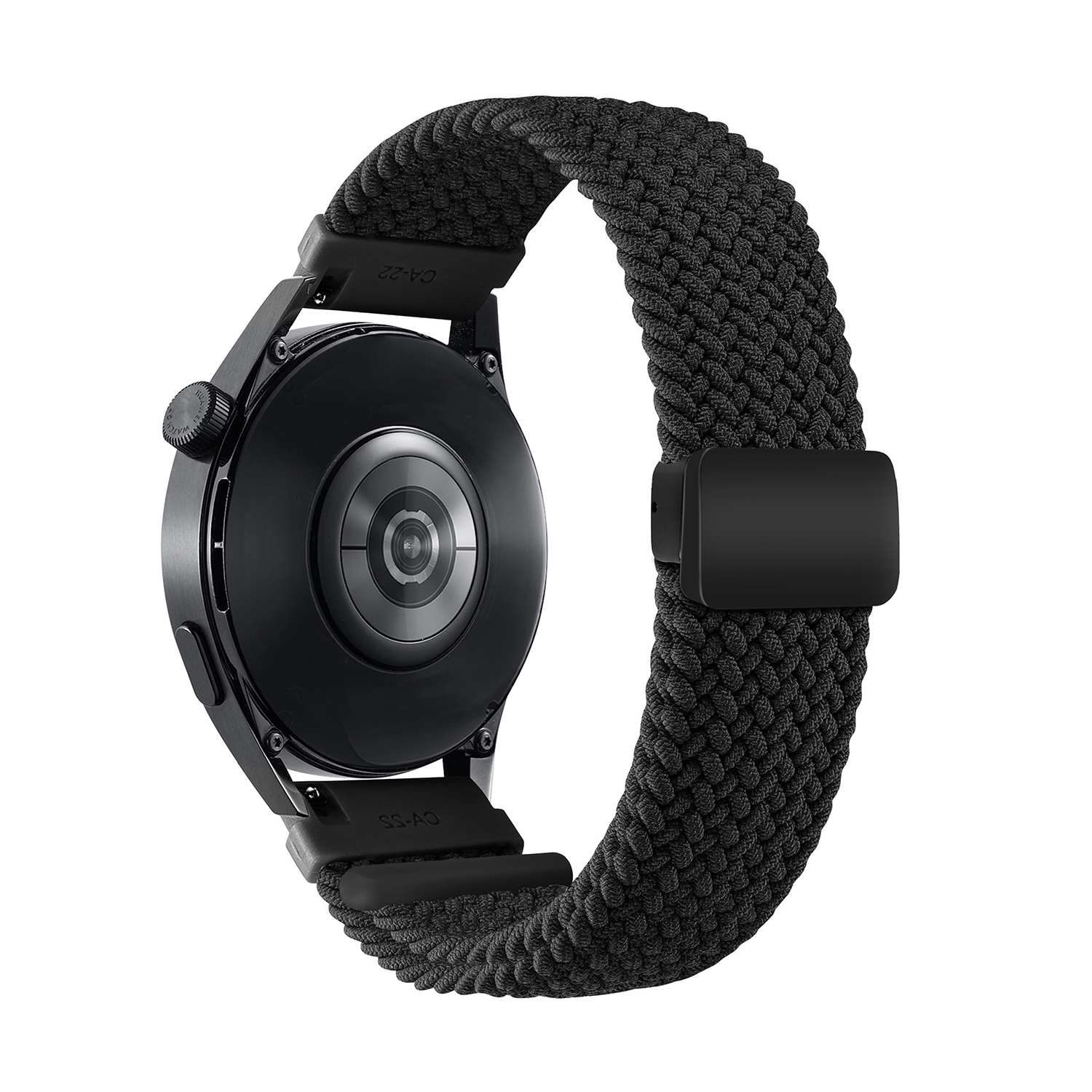 Schwarze Smartwatch mit schwarzem gewebtem Armband.