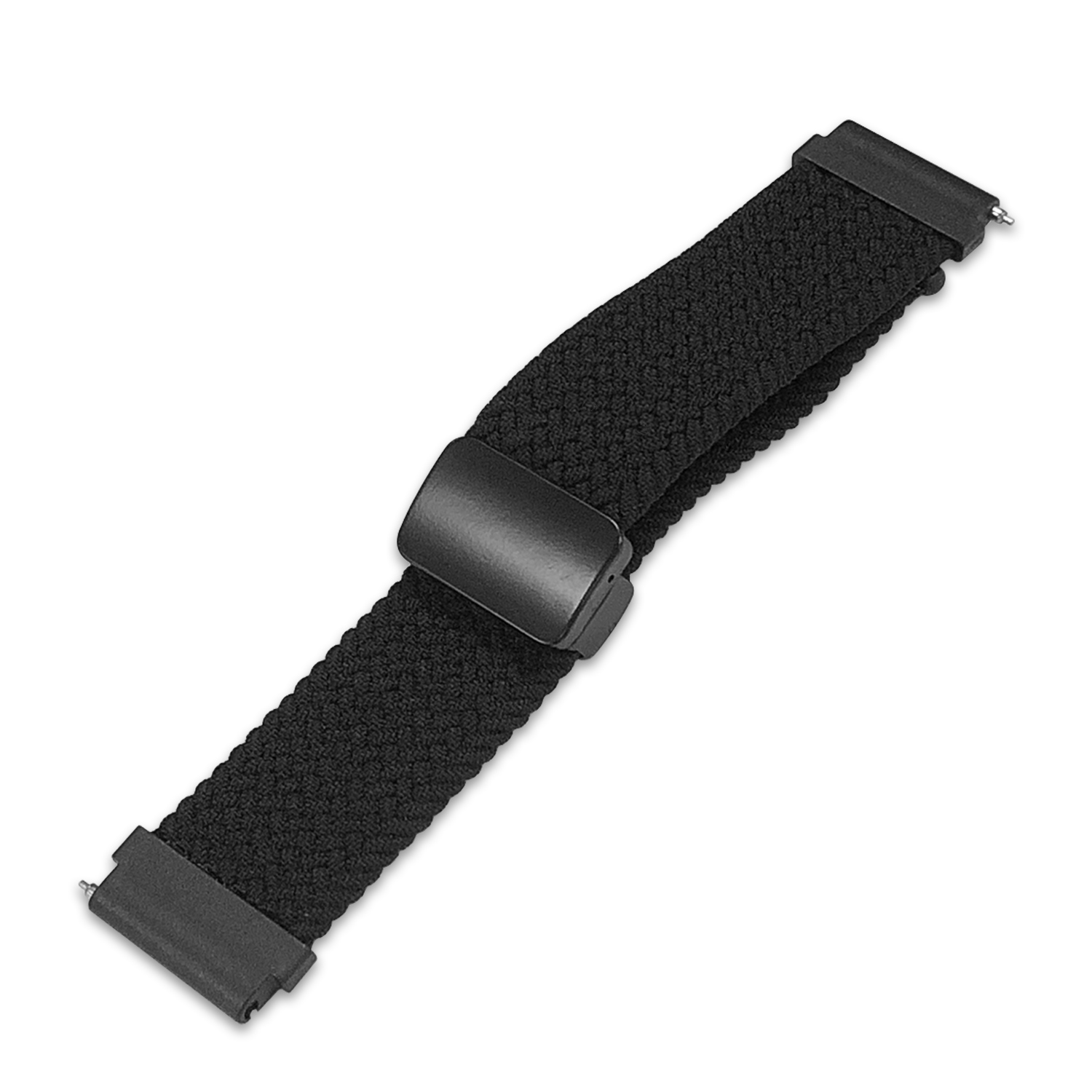 Schwarzes Uhrenarmband mit schwarzem Verschluss.