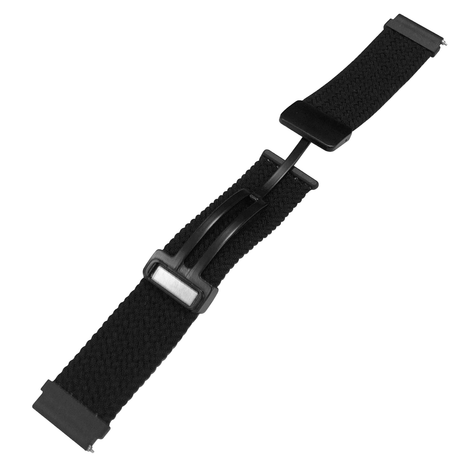 Ein schwarzes Uhrenarmband mit Verschluss wird gezeigt. Das Armband besteht aus gewebtem Nylon.