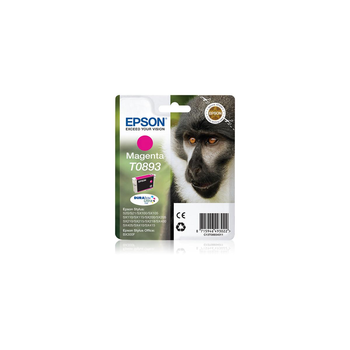 Cartuccia d'inchiostro magenta Epson con una faccia di scimmia. Il testo dice Magenta T0893.